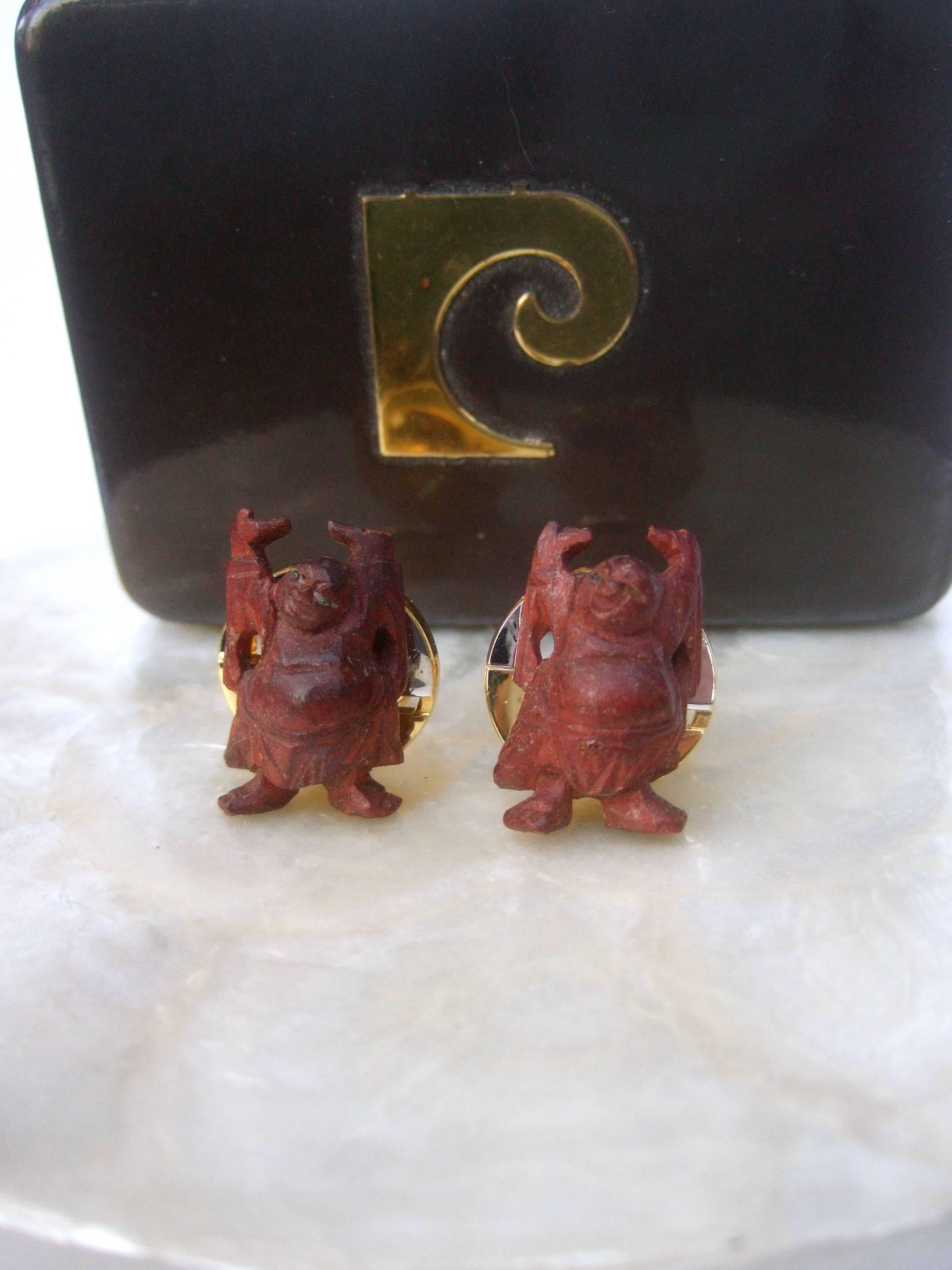 Men's Pierre Cardin Carved Wood Buddha Cufflinks in Pierre Cardin Box c 1970s