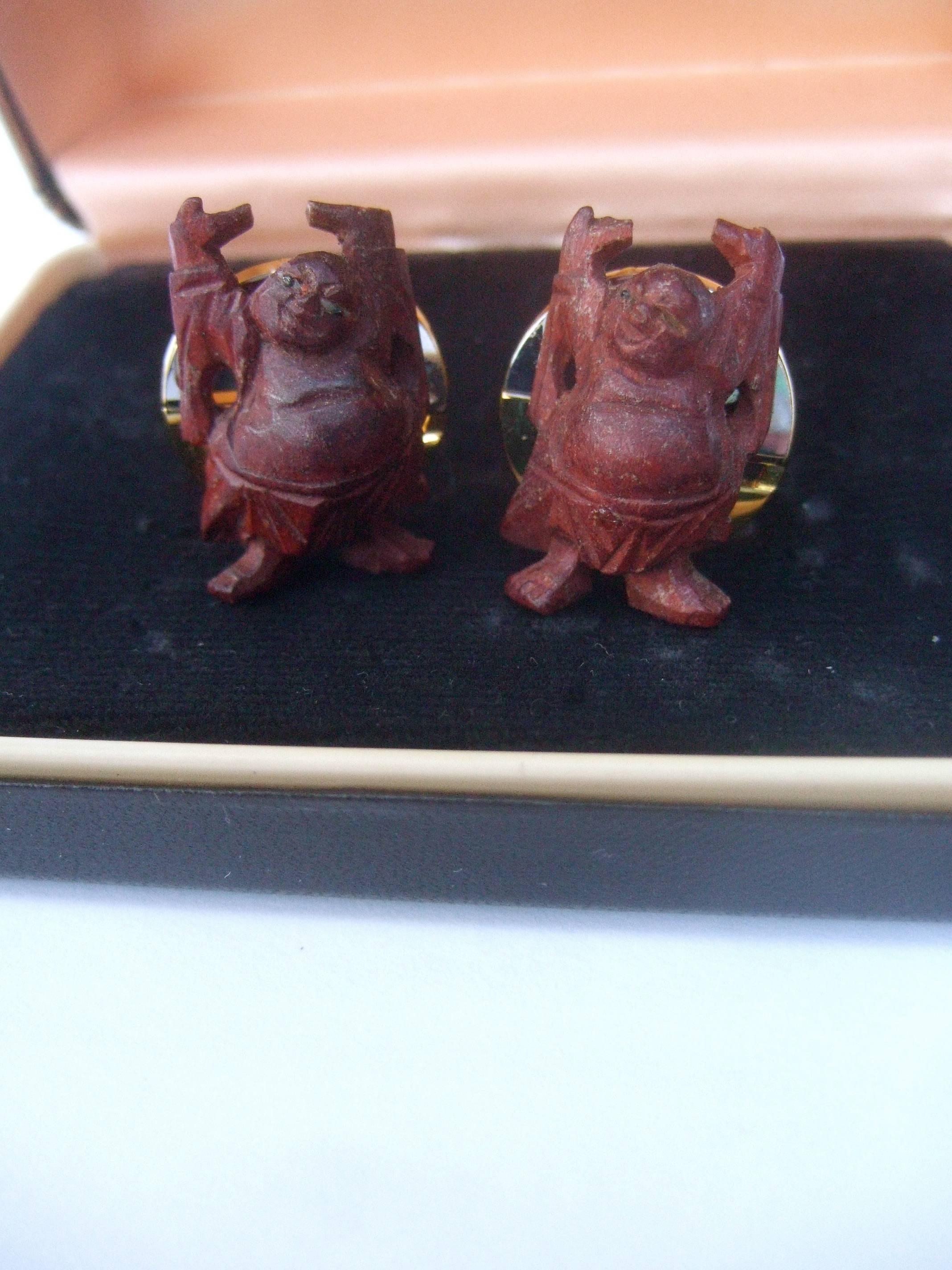 Pierre Cardin Carved Wood Buddha Cufflinks in Pierre Cardin Box c 1970s 2