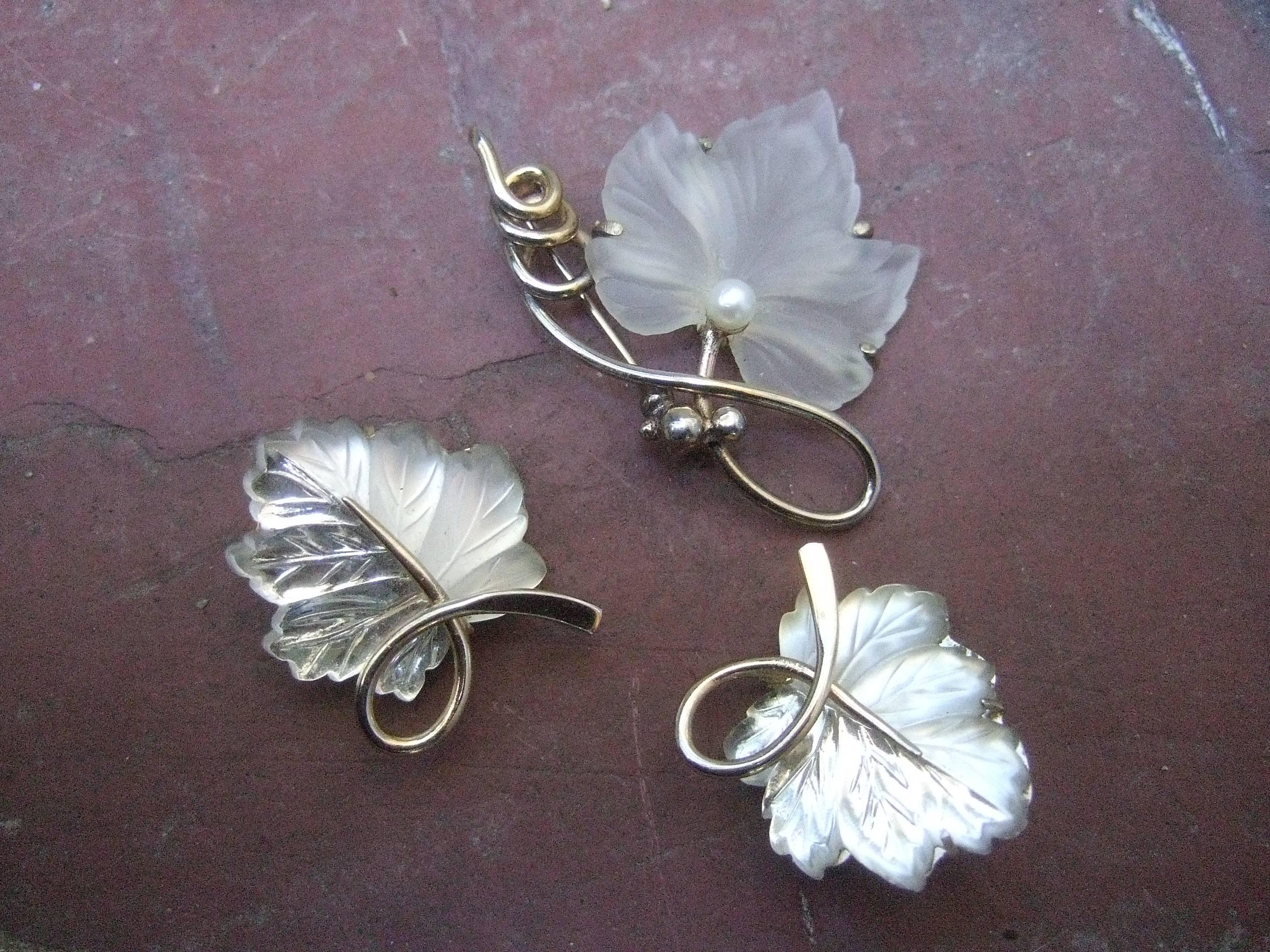 Women's Napier Sterling Frosted Glass Leaf Brooch & Earrings circa 1960