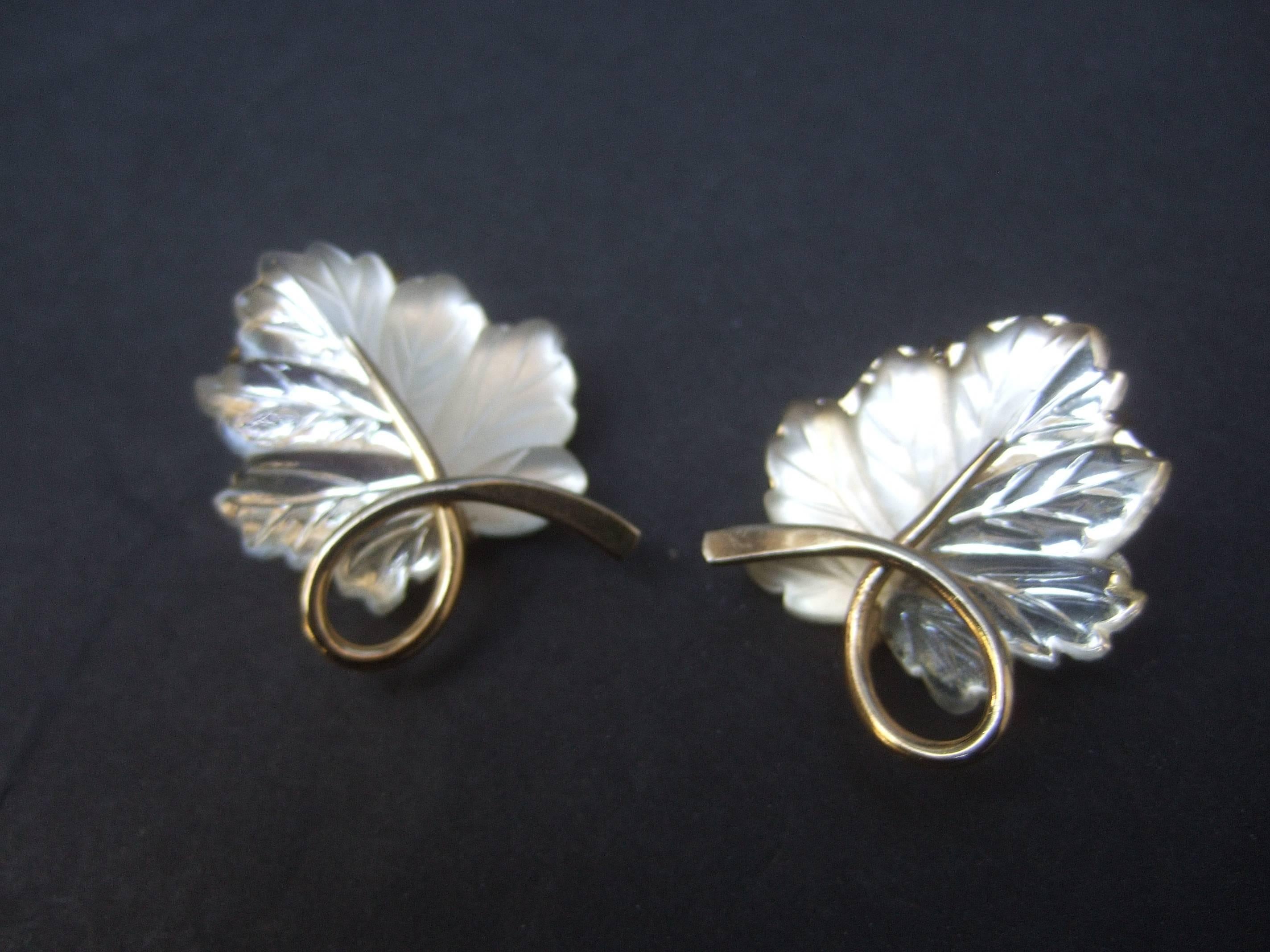 Napier Sterling Frosted Glass Leaf Brooch & Earrings circa 1960 5