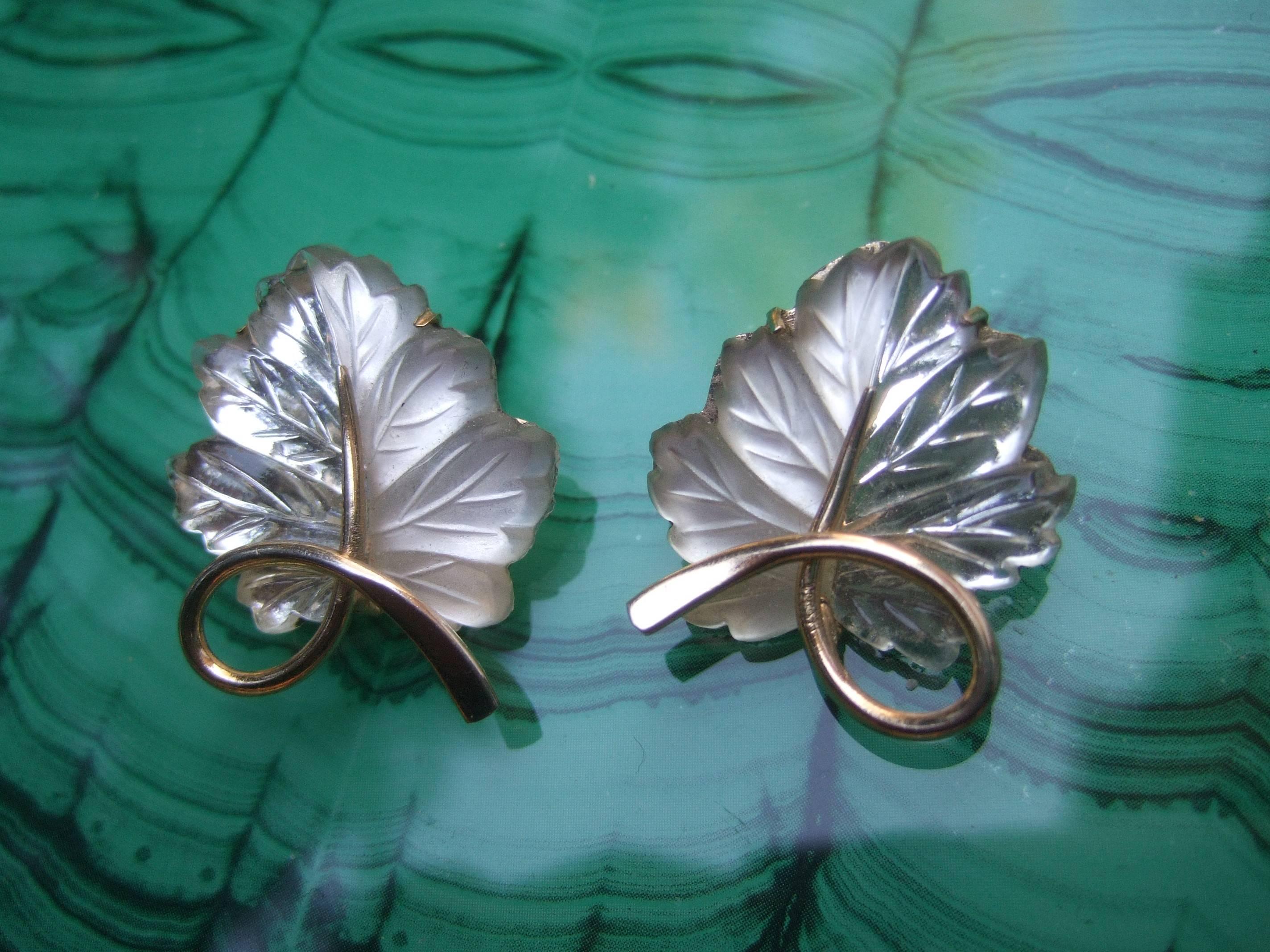 Napier Sterling Frosted Glass Leaf Brooch & Earrings circa 1960 2