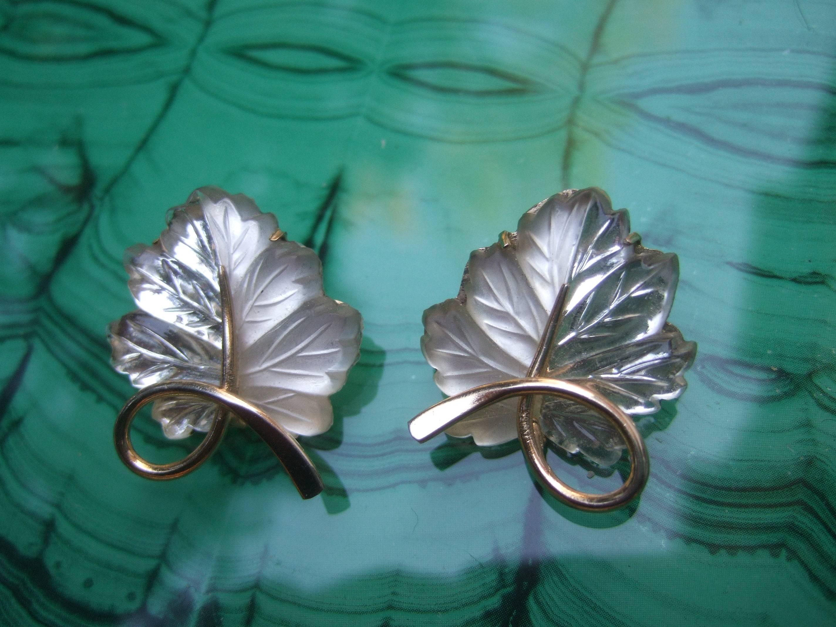 Napier Sterling Frosted Glass Leaf Brooch & Earrings circa 1960 6