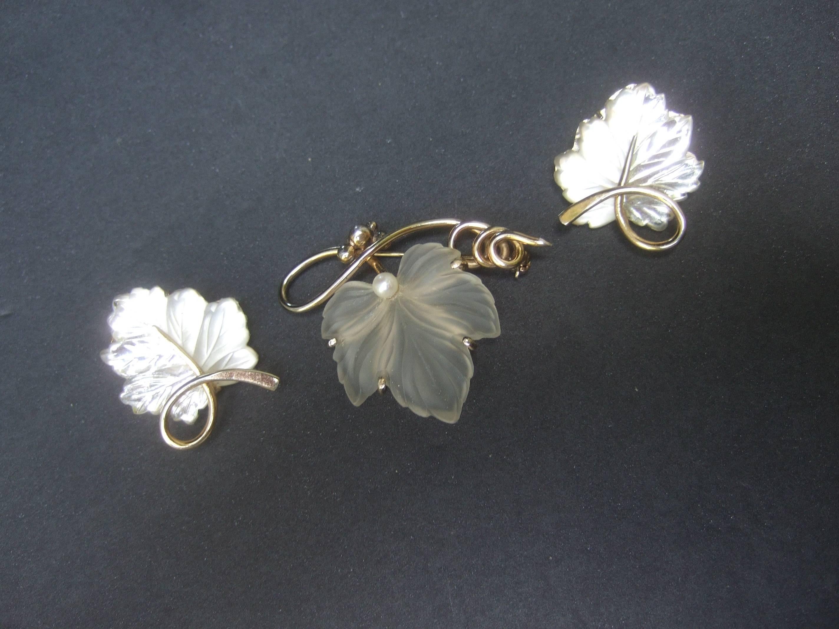 Napier Sterling Frosted Glass Leaf Brooch & Earrings circa 1960 1