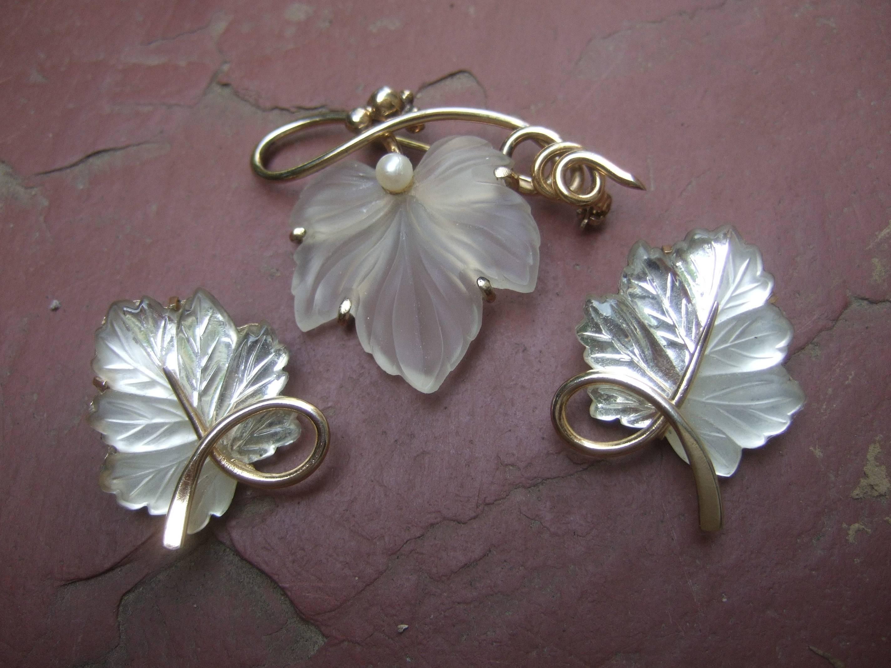Artisan Napier Sterling Frosted Glass Leaf Brooch & Earrings circa 1960