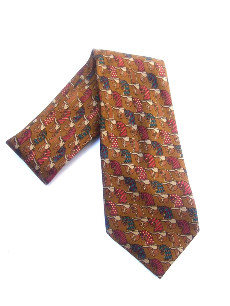 Burberry's Copper Silk Equestrian Theme Silk Necktie circa 1990s In Good Condition For Sale In University City, MO