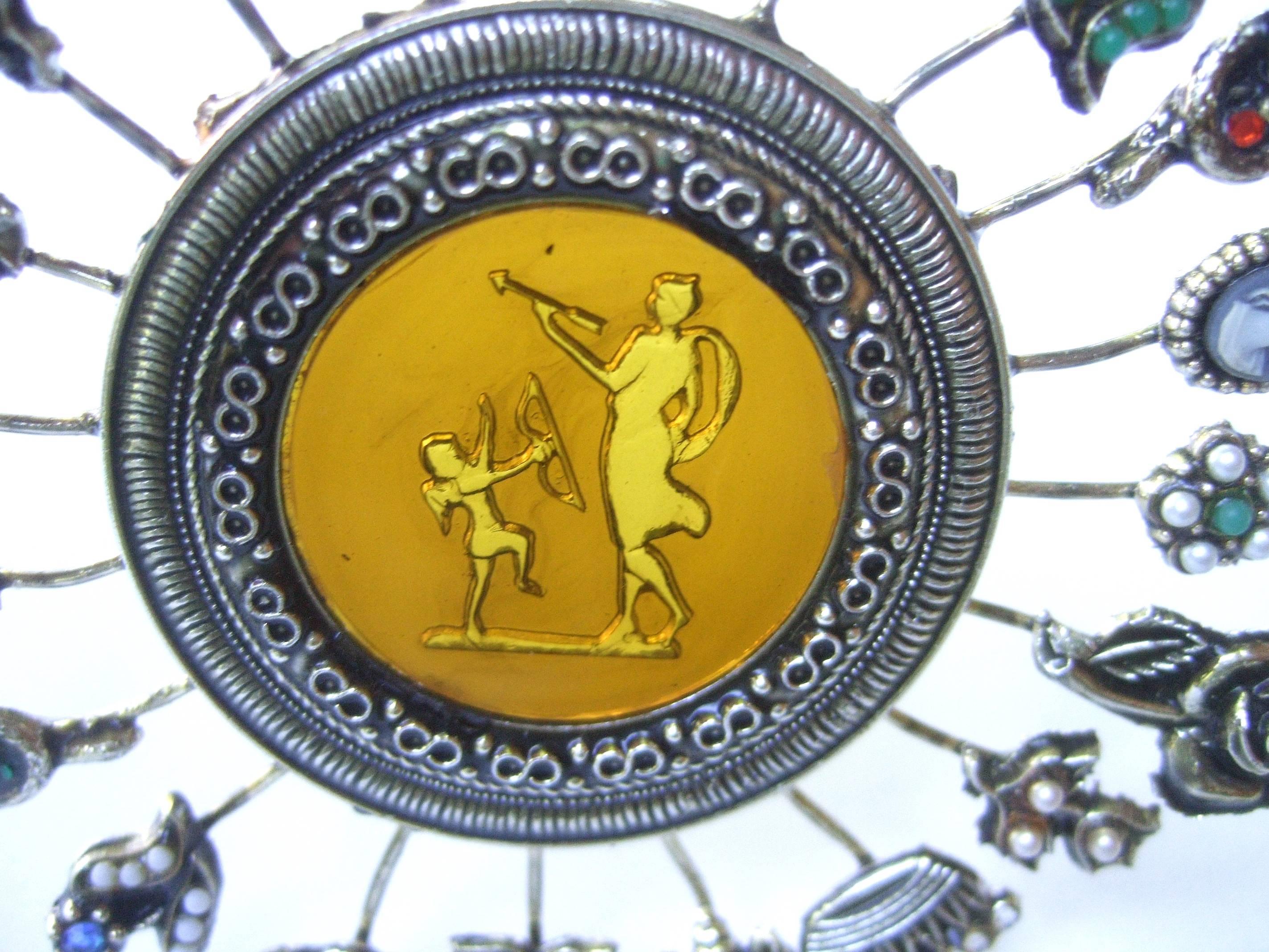 Baroque Revival Massive Circular Medallion Lucite Intaglio Brooch circa 1970s
