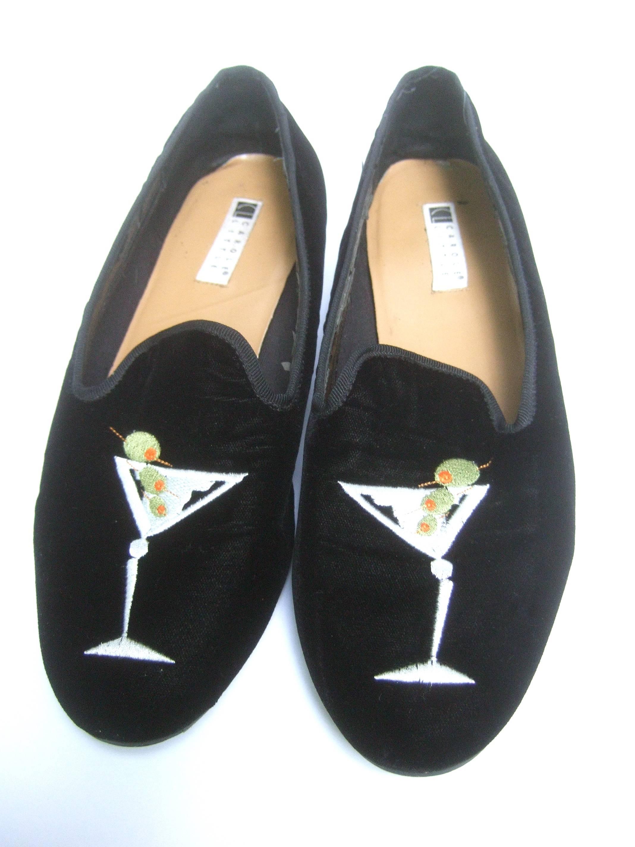 Schwarze bestickte Damen Martini-Glas-Slipperschuhe aus Samt, US Größe 10 M im Angebot 1