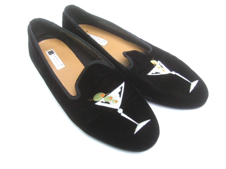 Black Velvet Embroidered Womens' Martini Glass Slipper Shoes US Size 10