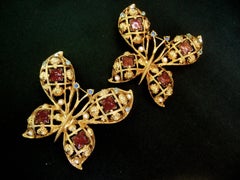 Pair of Jeweled Enamel Gilt Metal Butterfly Brooches circa 1980s