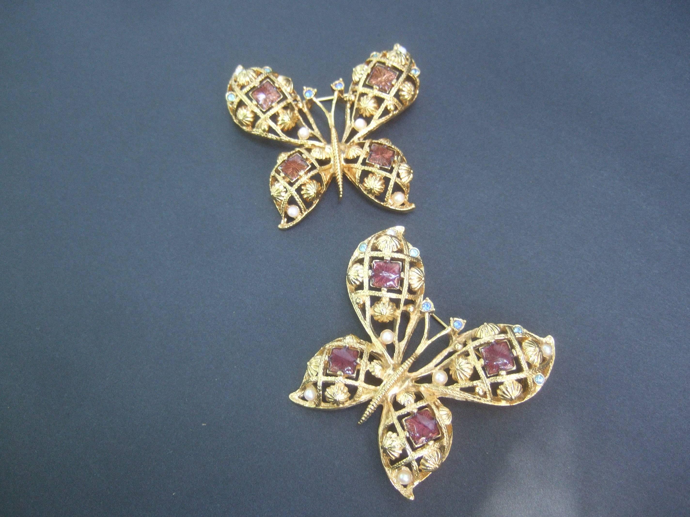 Women's Pair of Jeweled Enamel Gilt Metal Butterfly Brooches circa 1980s For Sale