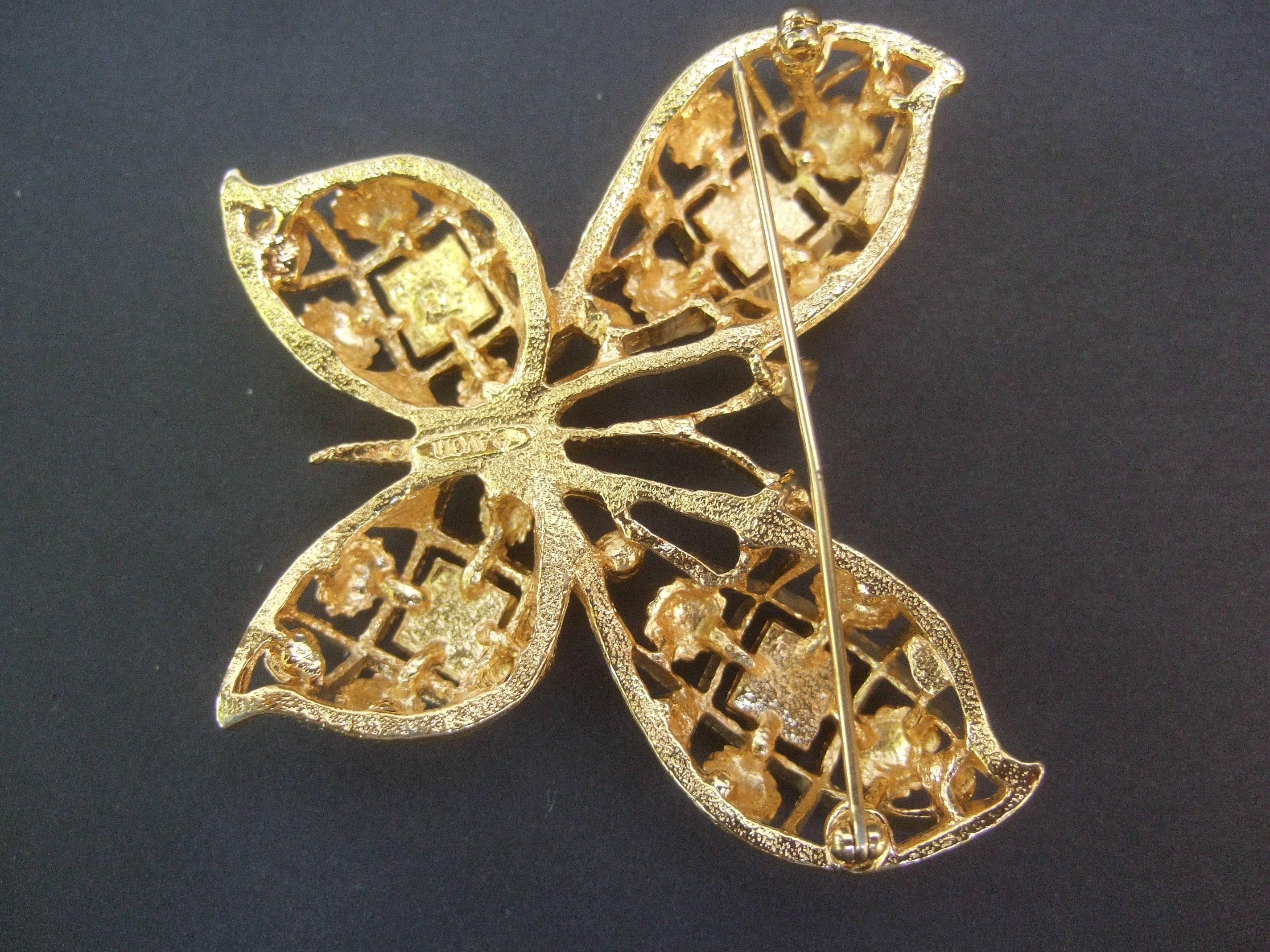 Pair of Jeweled Enamel Gilt Metal Butterfly Brooches circa 1980s For Sale 7