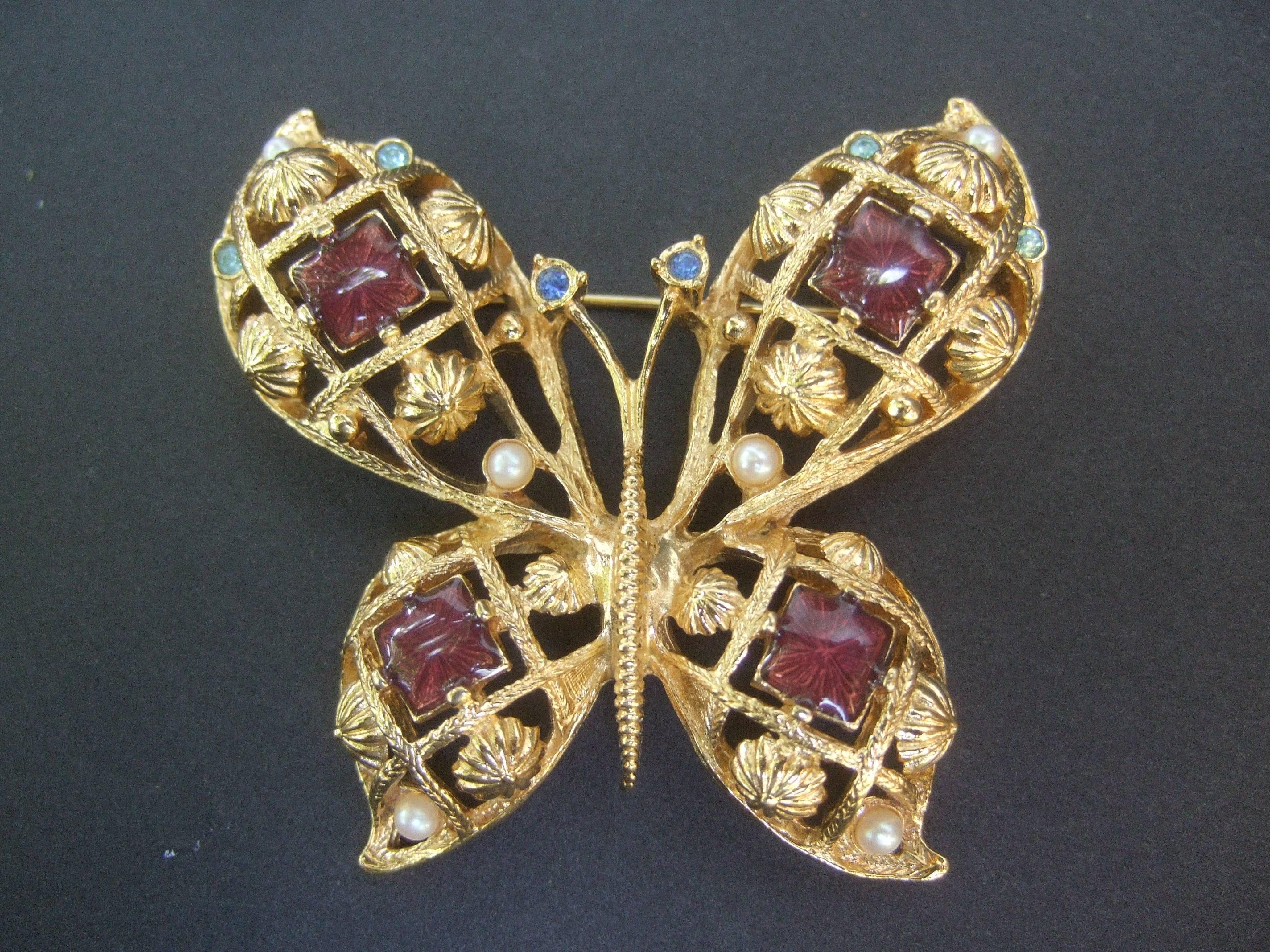 Pair of Jeweled Enamel Gilt Metal Butterfly Brooches circa 1980s For Sale 5