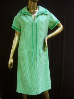 Valentino Boutique Italian Vertical Green Striped Wool Knit Dress circa 1970s