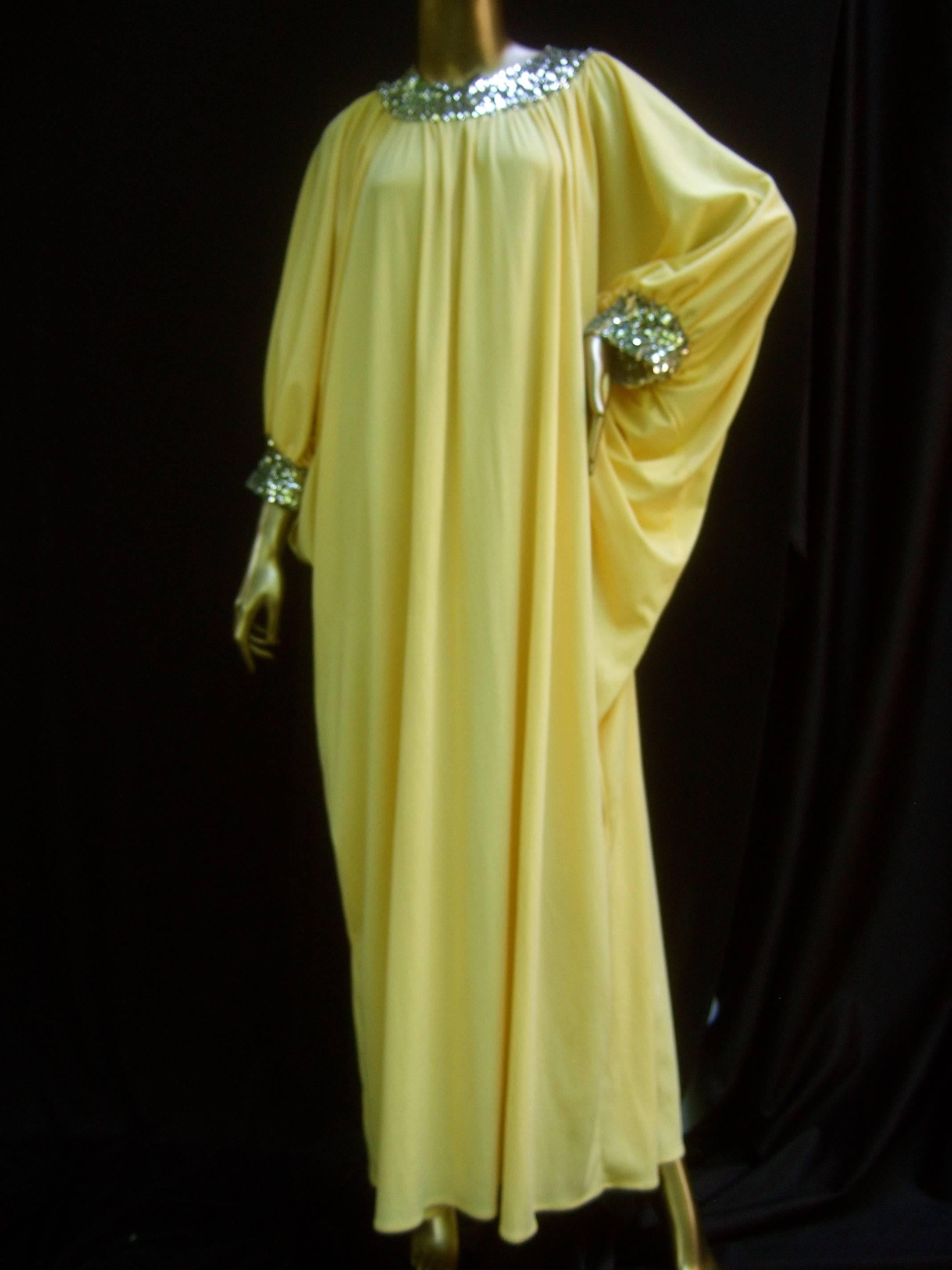 1970s Saks Fifth Avenue Lemon Yellow Poly Knit Caftan Lounge Gown   6