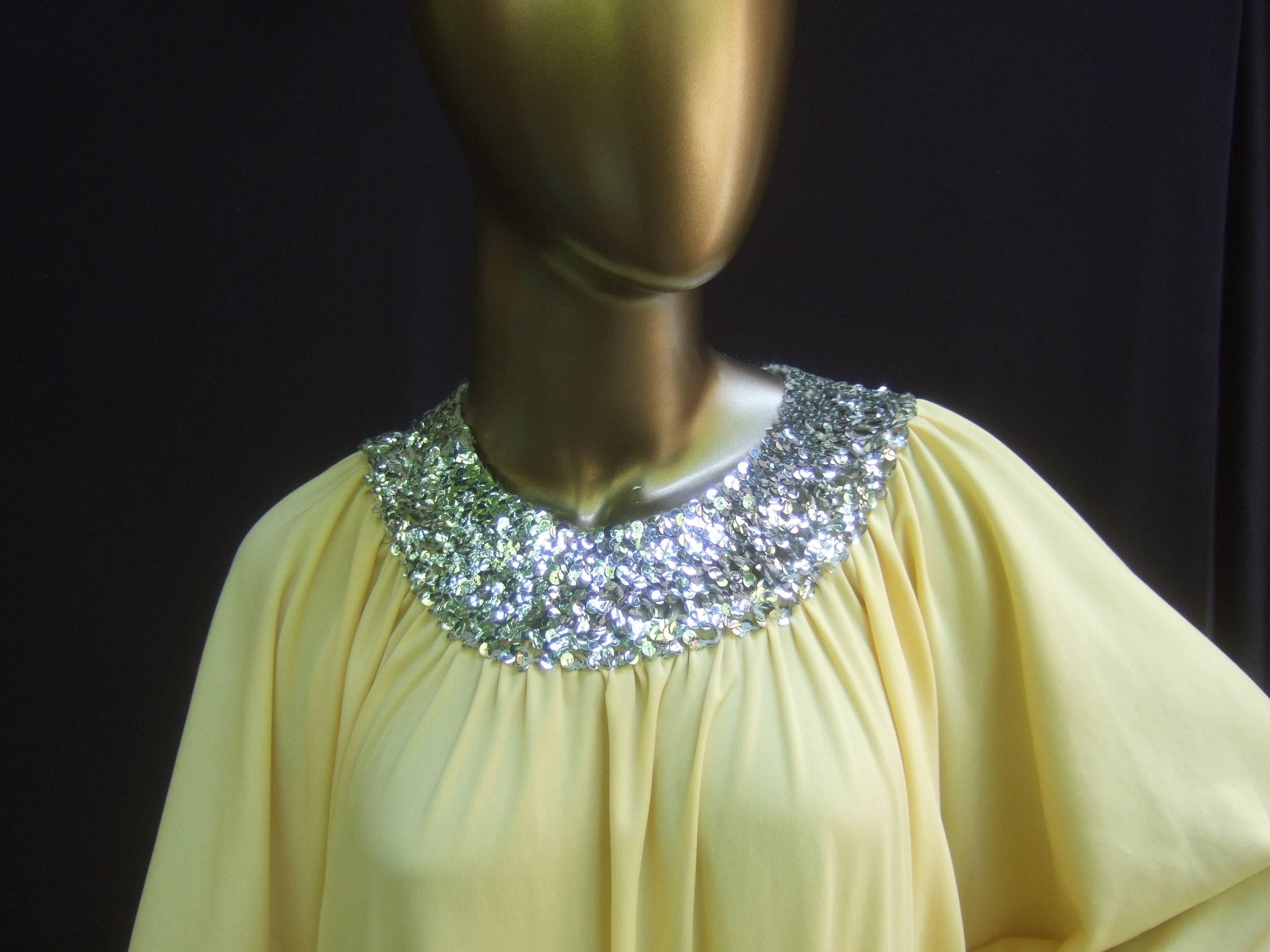 Green 1970s Saks Fifth Avenue Lemon Yellow Poly Knit Caftan Lounge Gown  