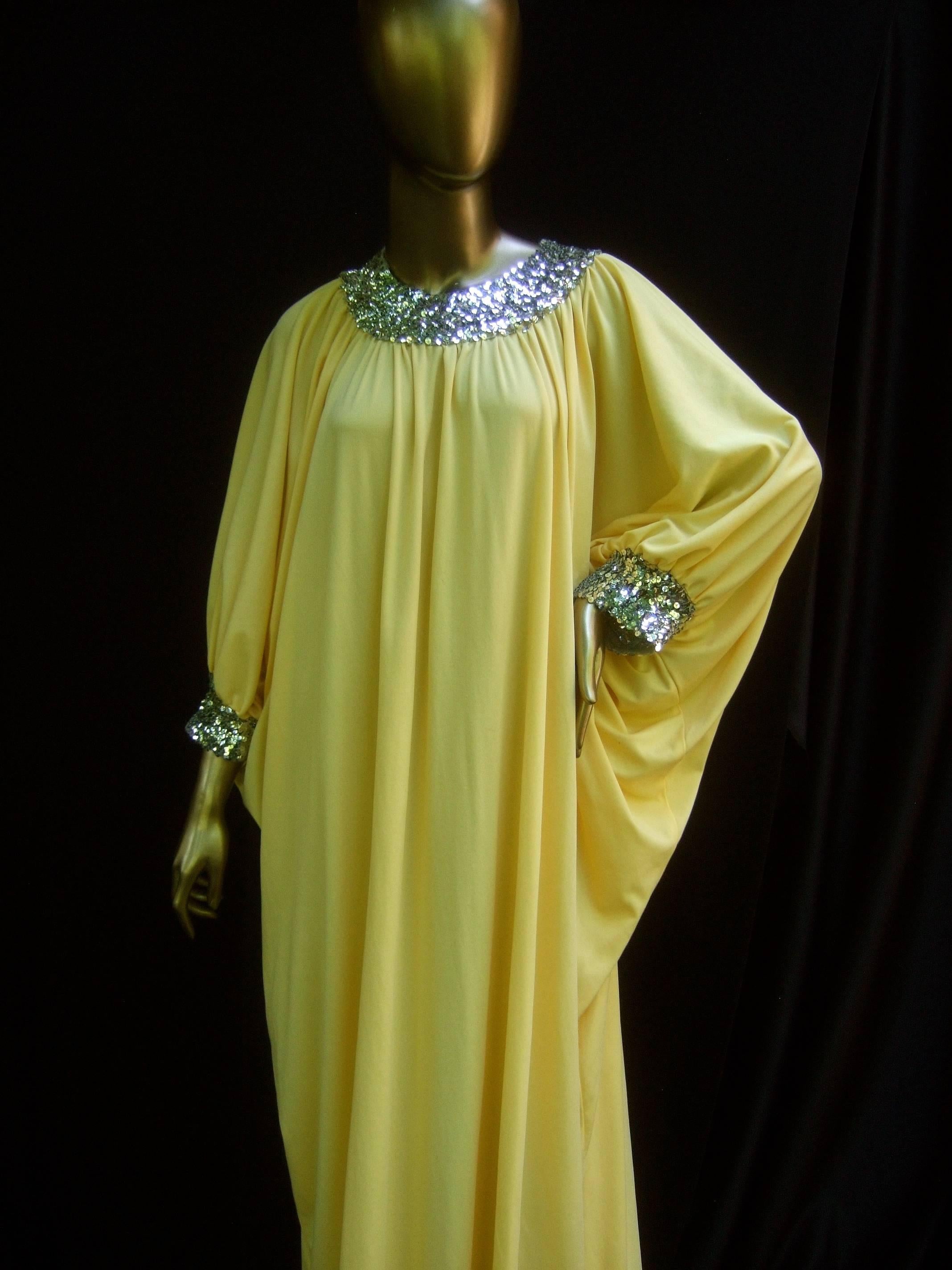 1970s Saks Fifth Avenue Lemon Yellow Poly Knit Caftan Lounge Gown   In Good Condition In University City, MO