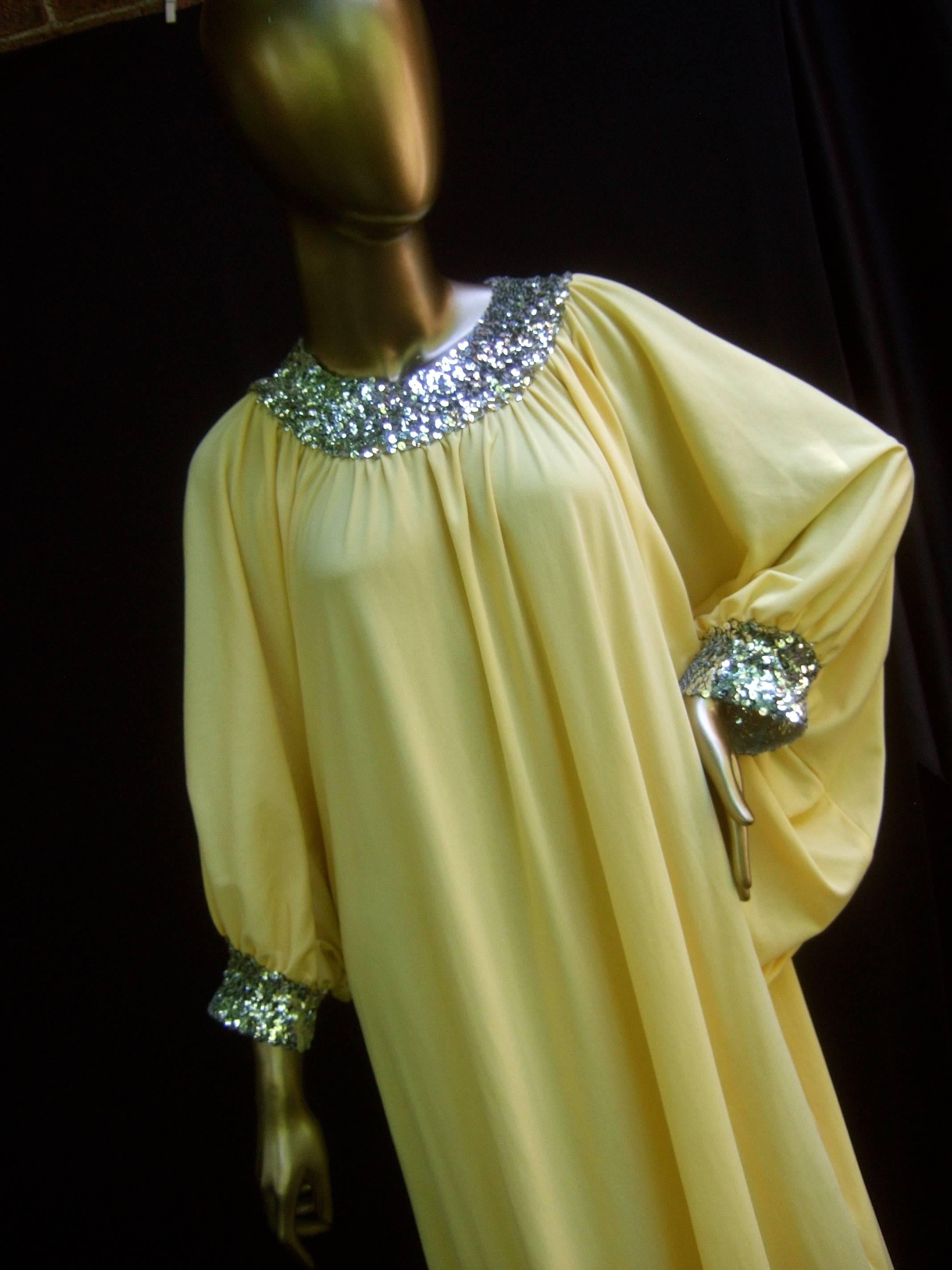 Women's 1970s Saks Fifth Avenue Lemon Yellow Poly Knit Caftan Lounge Gown  