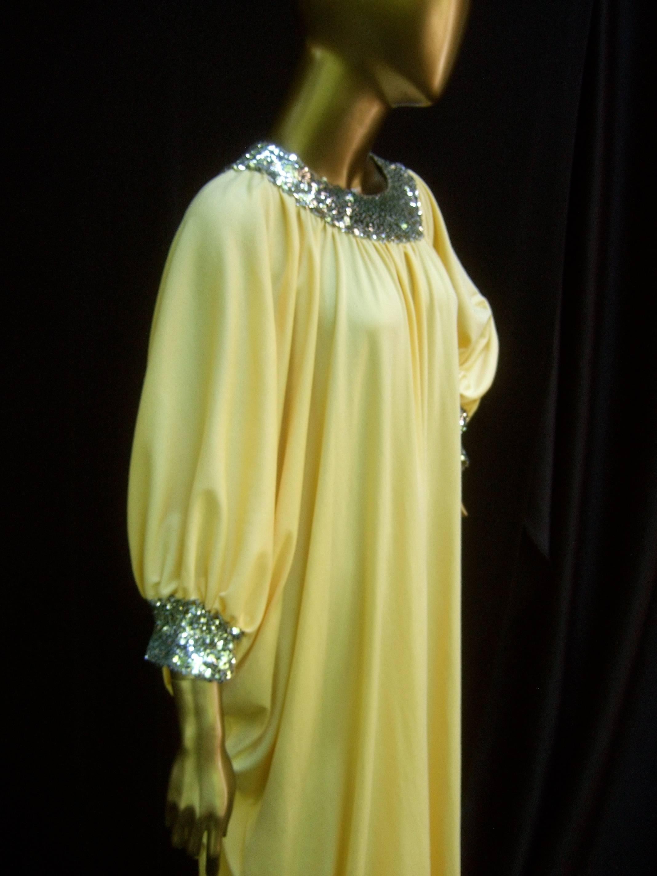 1970s Saks Fifth Avenue Lemon Yellow Poly Knit Caftan Lounge Gown   2