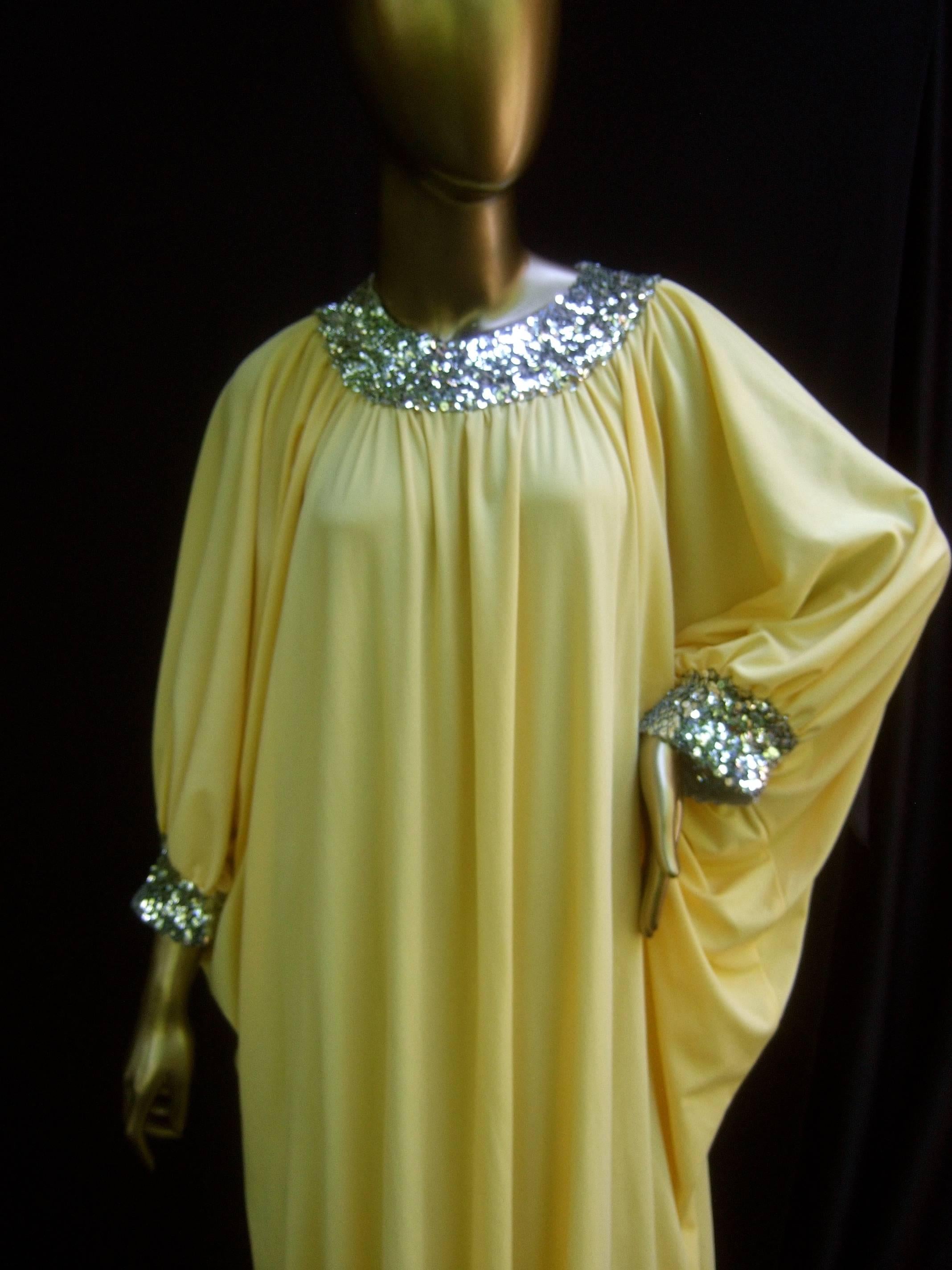 1970s Saks Fifth Avenue Lemon Yellow Poly Knit Caftan Lounge Gown   3