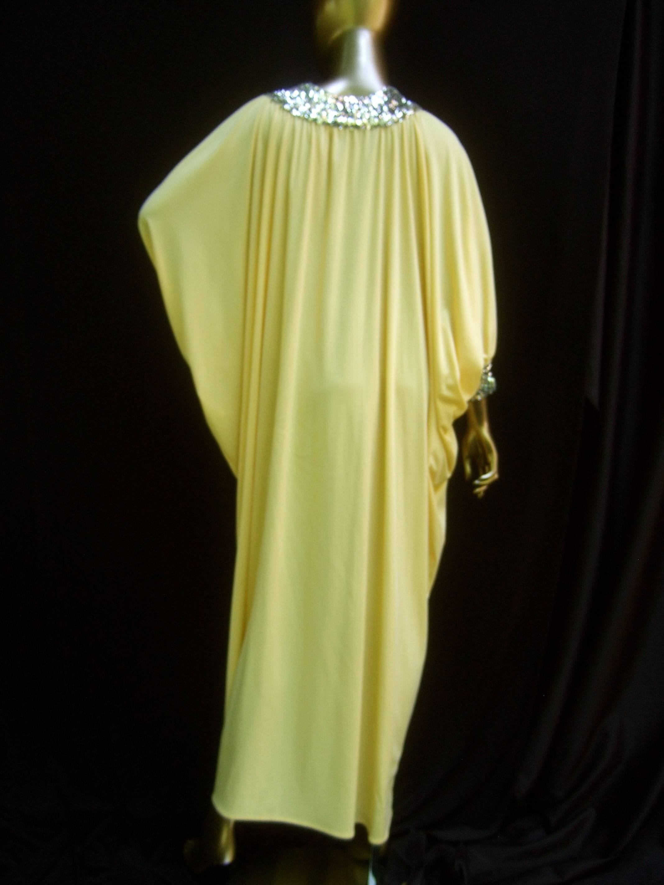 1970s Saks Fifth Avenue Lemon Yellow Poly Knit Caftan Lounge Gown   5