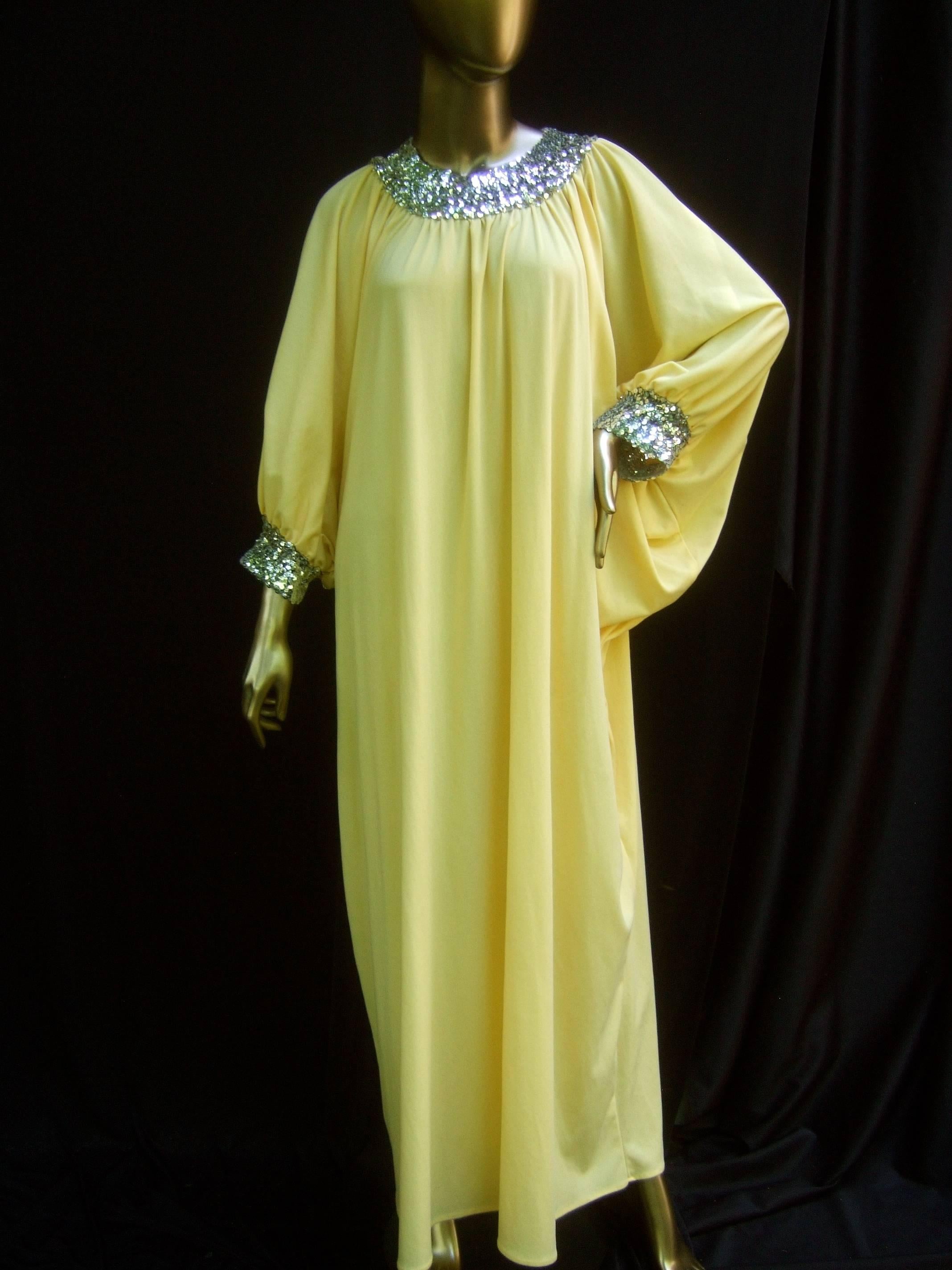 1970s Saks Fifth Avenue Lemon Yellow Poly Knit Caftan Lounge Gown   8