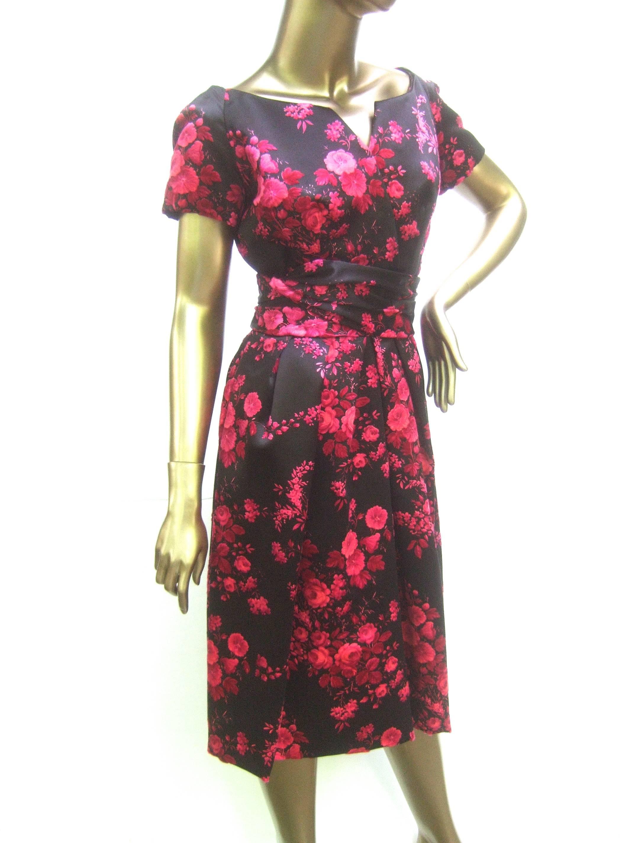 Black Christian Dior Couture Satin Floral Print Dress circa 1960
