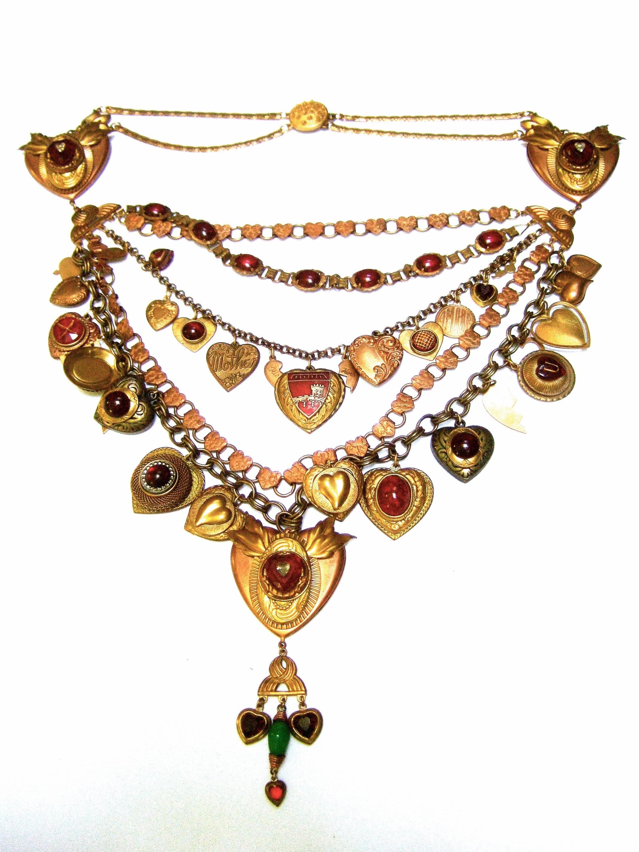 Women's Artisan Heart Medallion Massive Charm Necklace, Circa 1980s