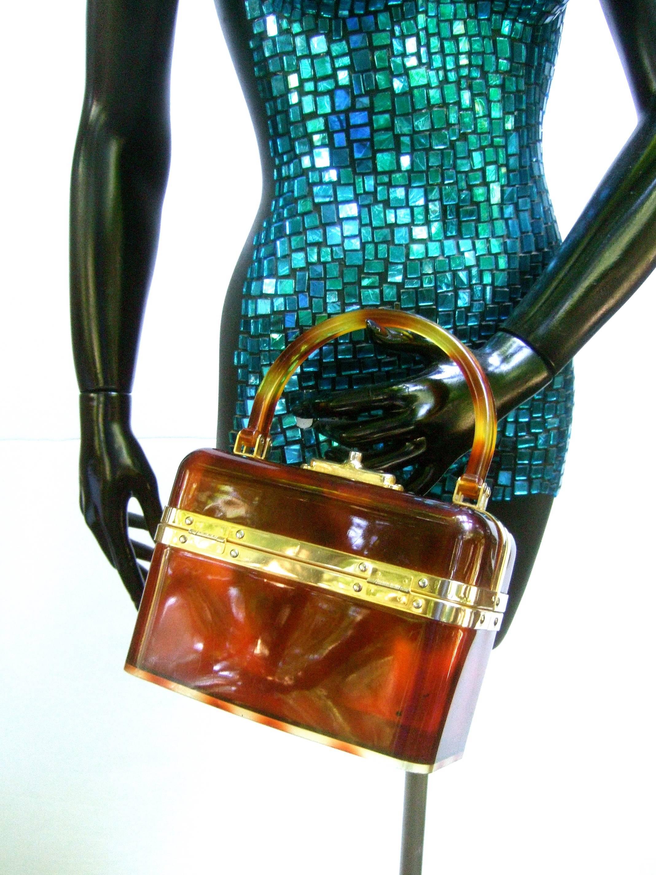 Brown 1970s Sleek French Tortoise Shell Lucite Box Purse