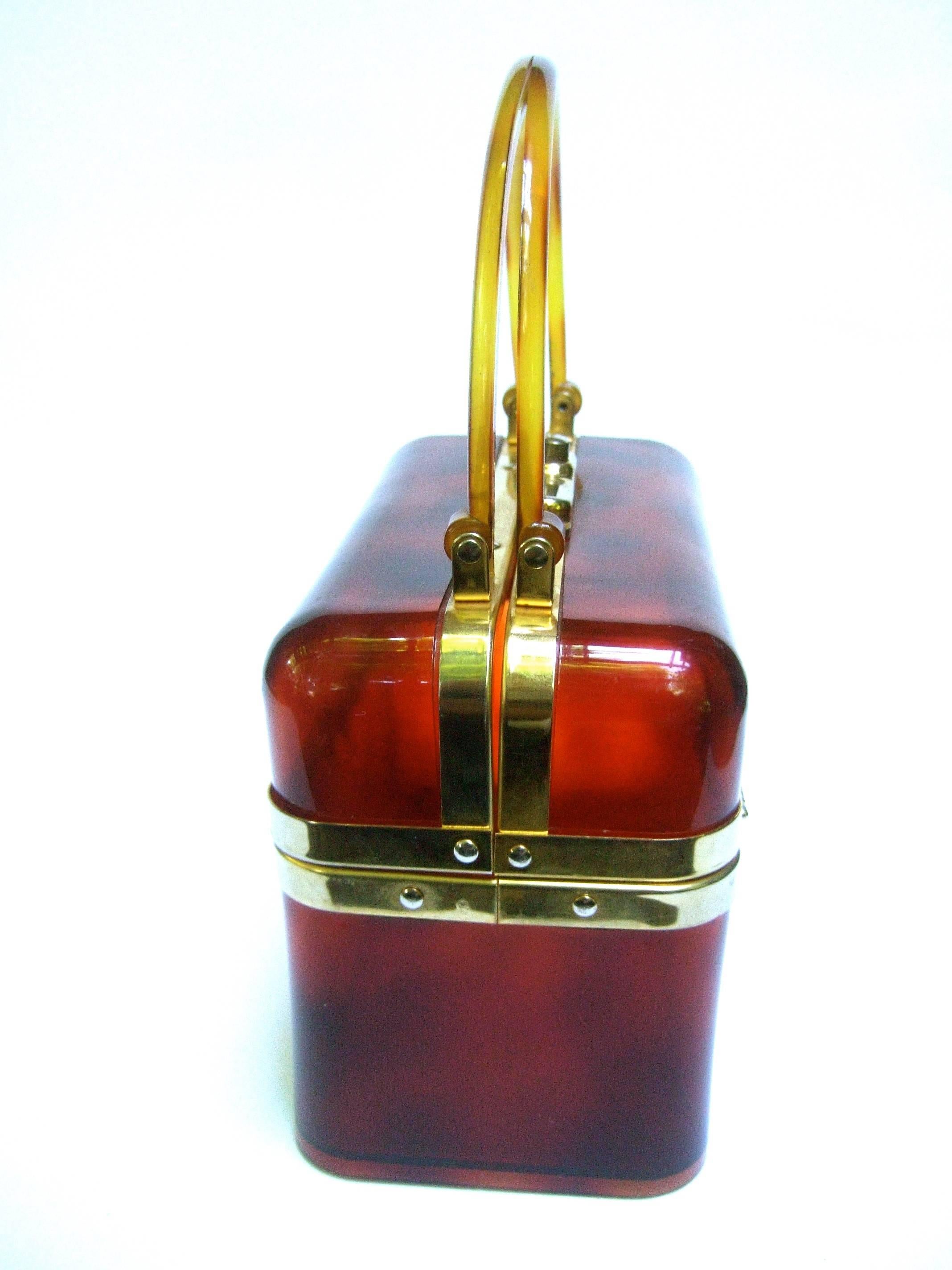 1970s Sleek French Tortoise Shell Lucite Box Purse In Good Condition In University City, MO