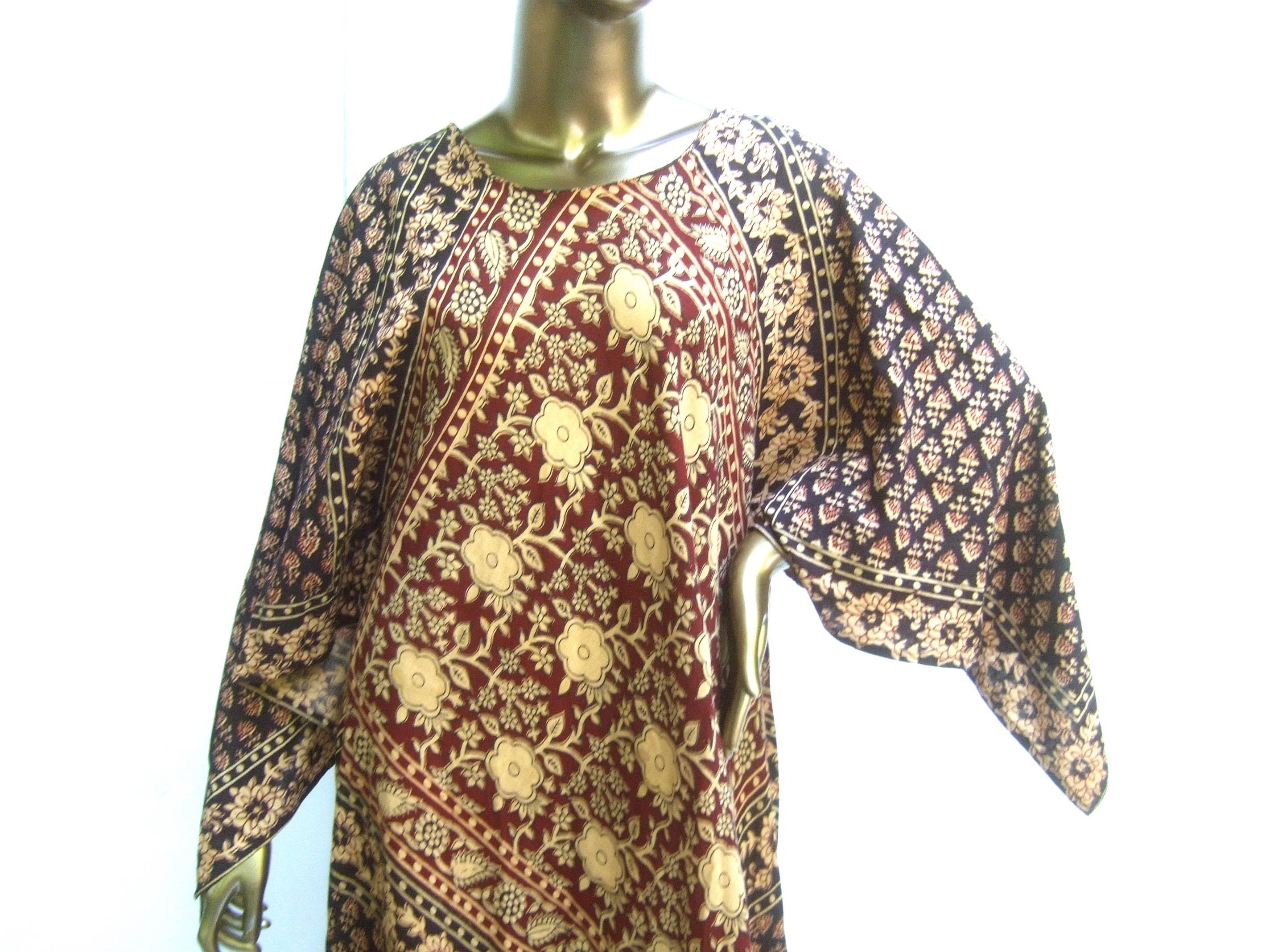 Brown Exotic Bohemian Cotton Print Festival Caftan Gown circa 1970s For Sale