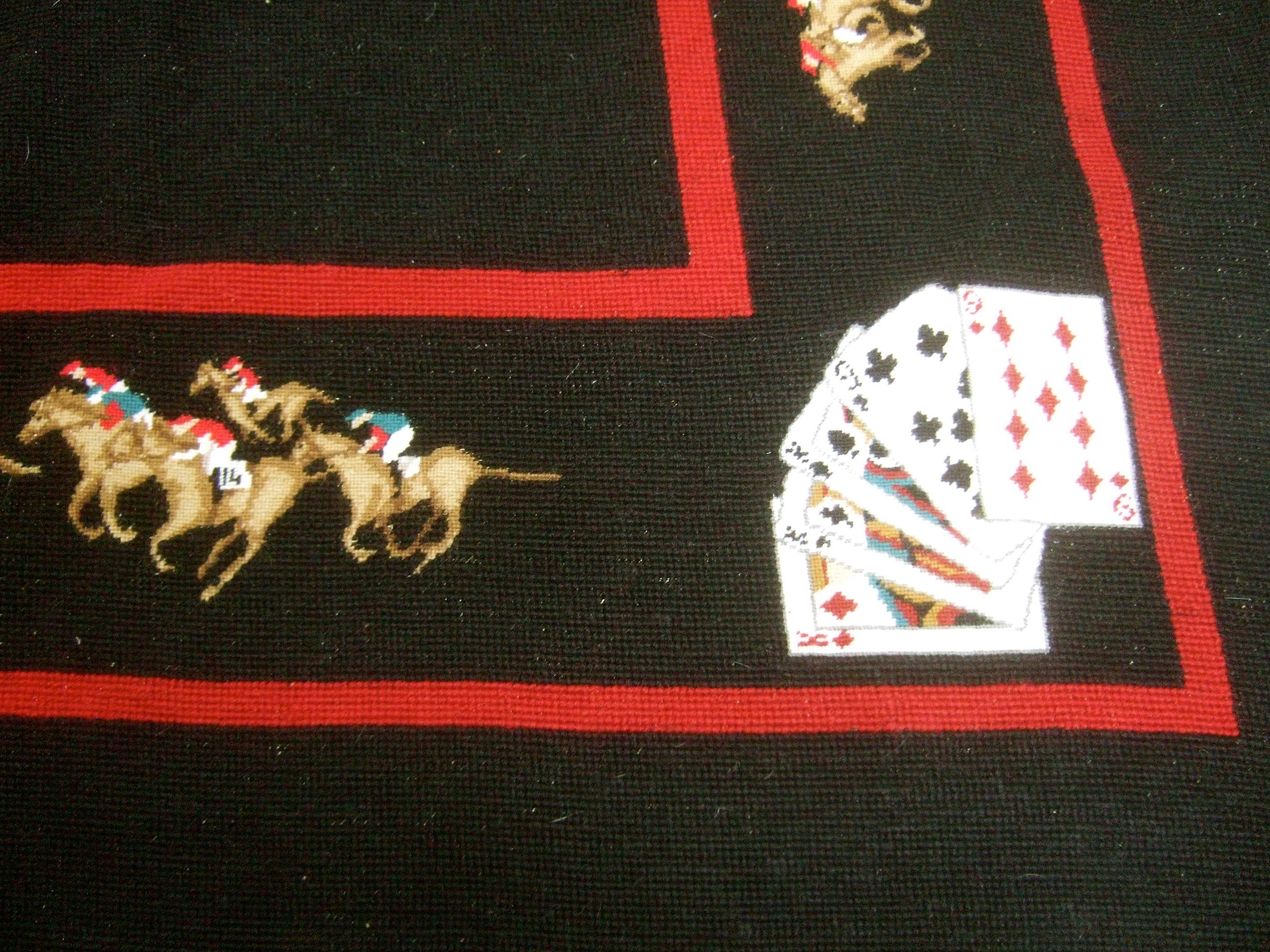 Black Exquisite Needlepoint Hand Stitched Bridge Equine Theme Table Cover circa 1980s