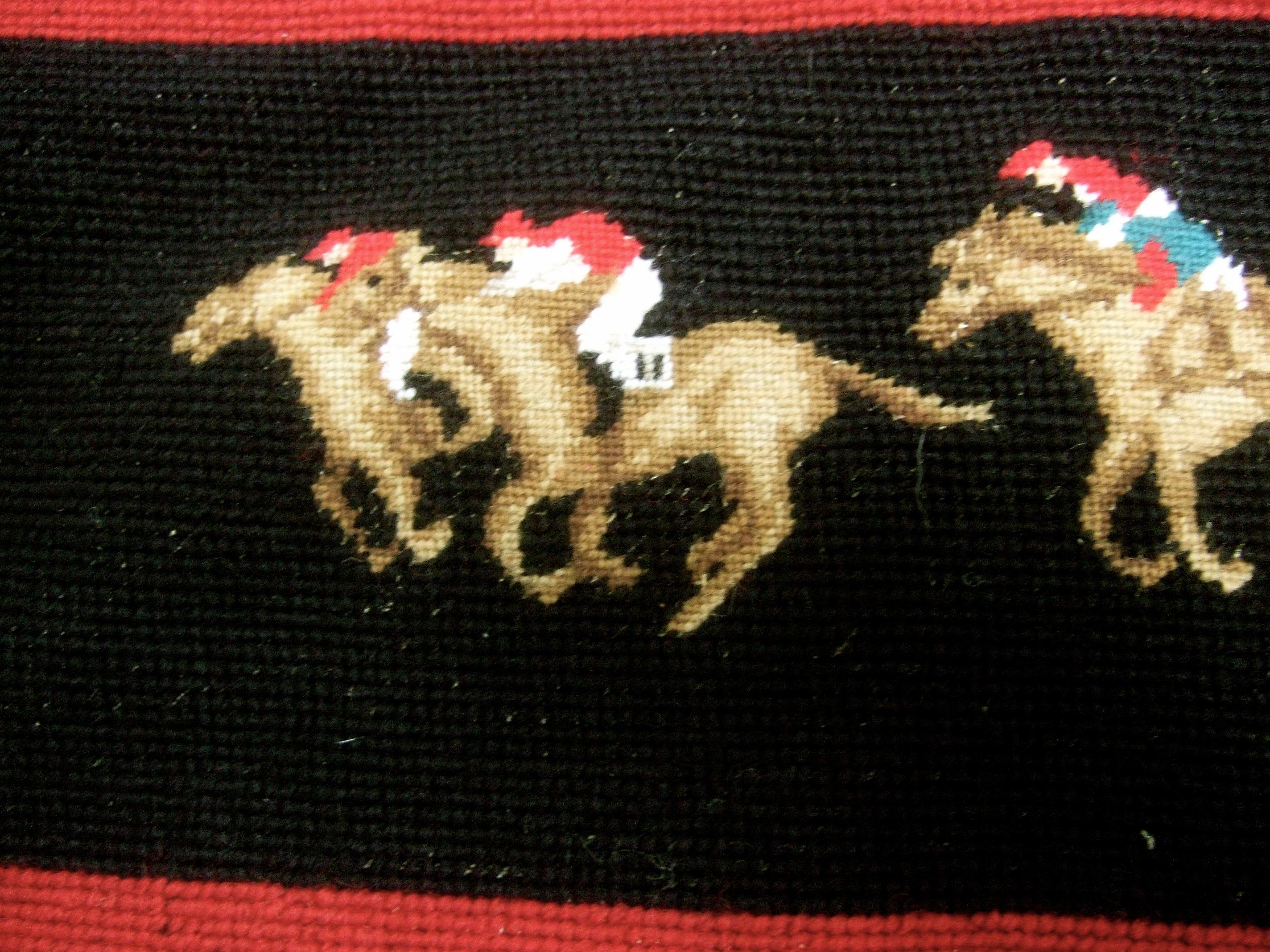 Exquisite Needlepoint Hand Stitched Bridge Equine Theme Table Cover circa 1980s In Excellent Condition In University City, MO