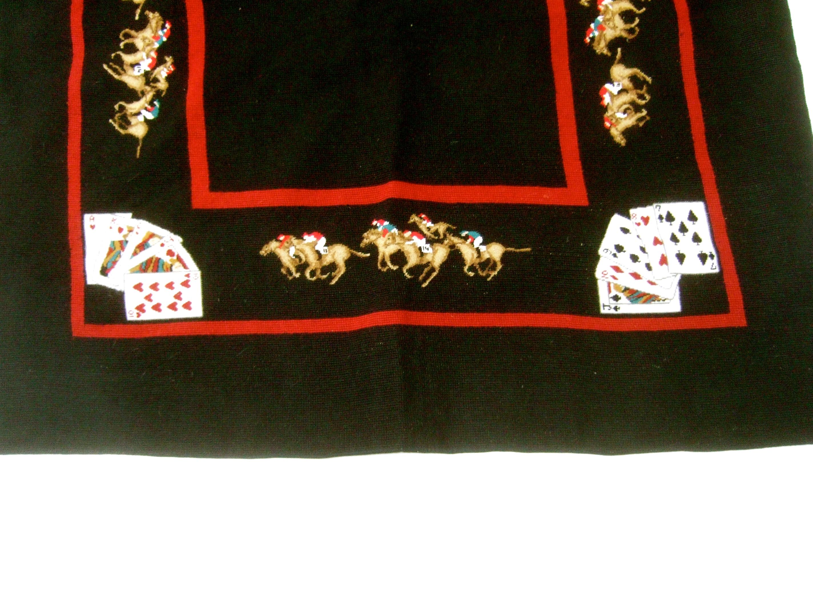 Exquisite Needlepoint Hand Stitched Bridge Equine Theme Table Cover circa 1980s 1