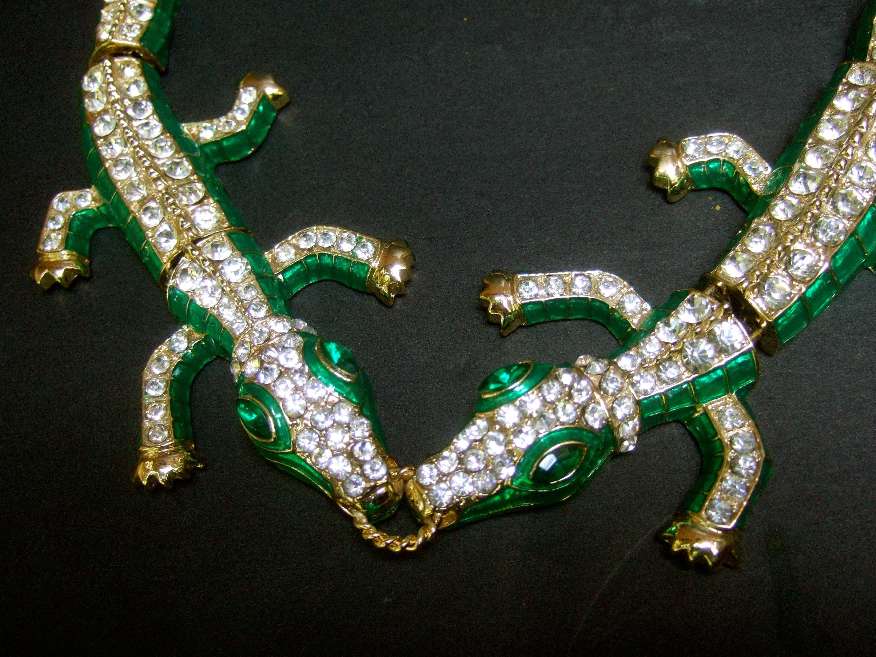 Crystal Enamel Articulated Gilt Metal Alligator Necklace circa 21st C In Good Condition In University City, MO