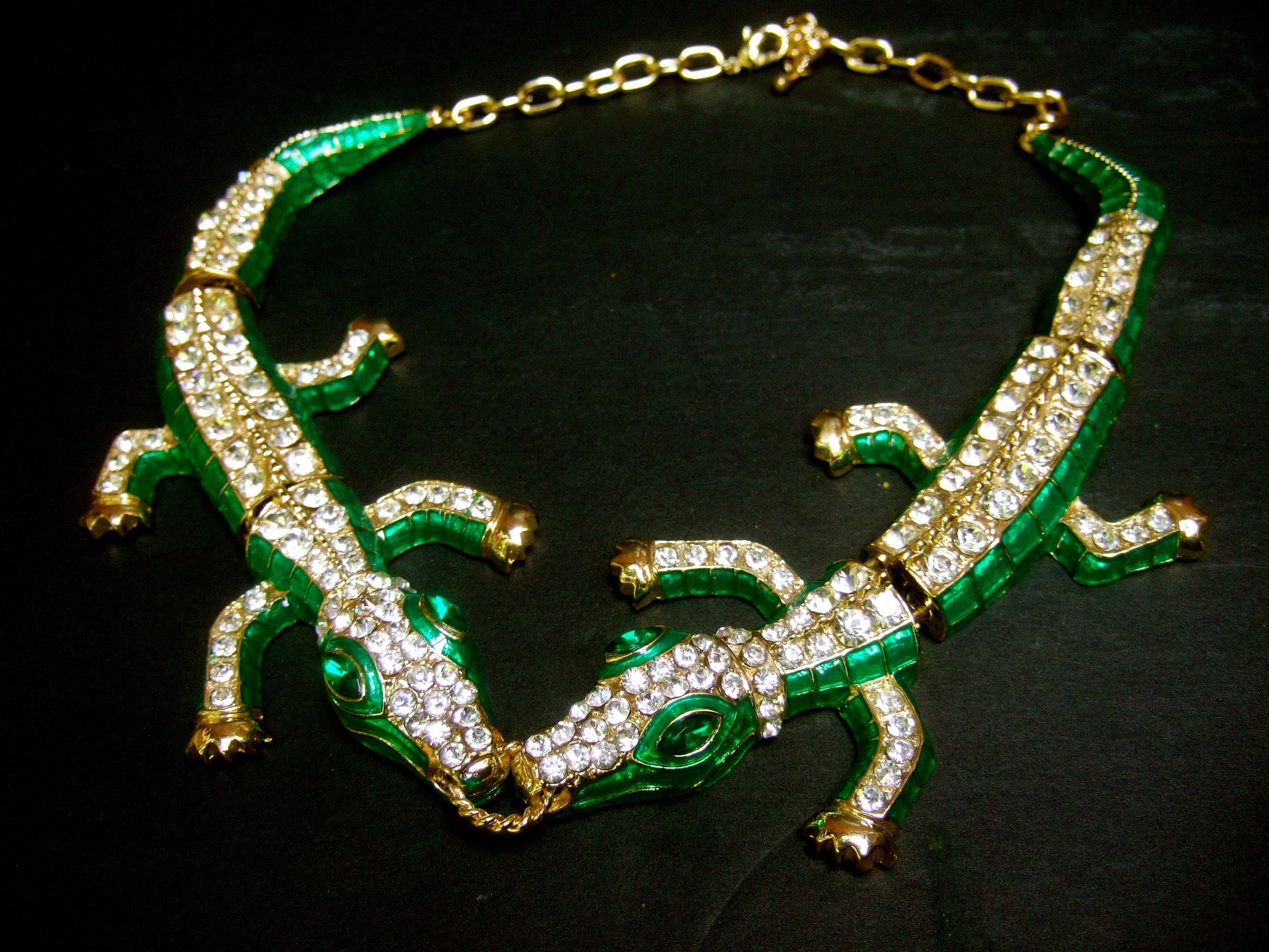 Contemporary Crystal Enamel Articulated Gilt Metal Alligator Necklace circa 21st C