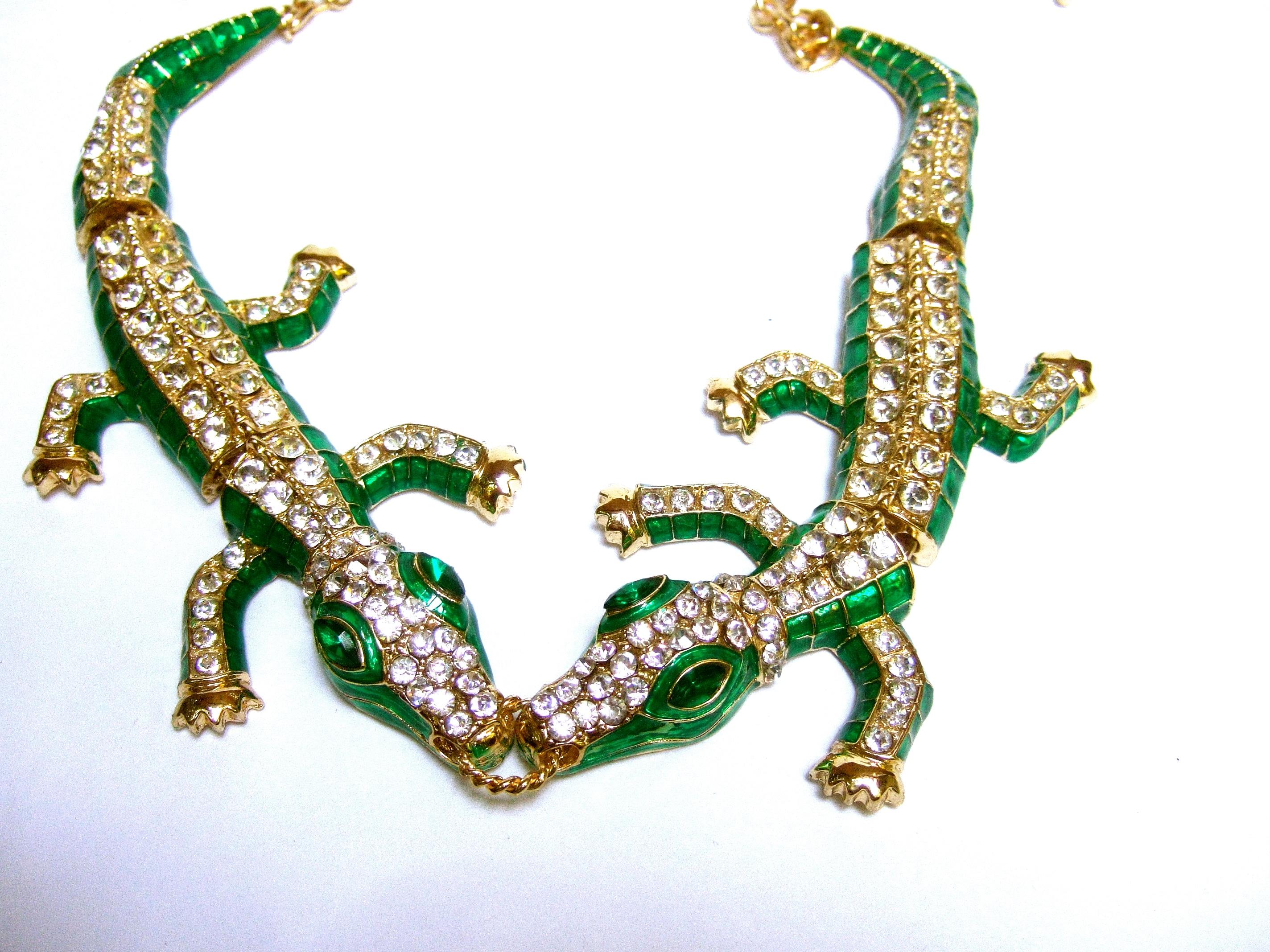 Crystal Enamel Articulated Gilt Metal Alligator Necklace circa 21st C 5