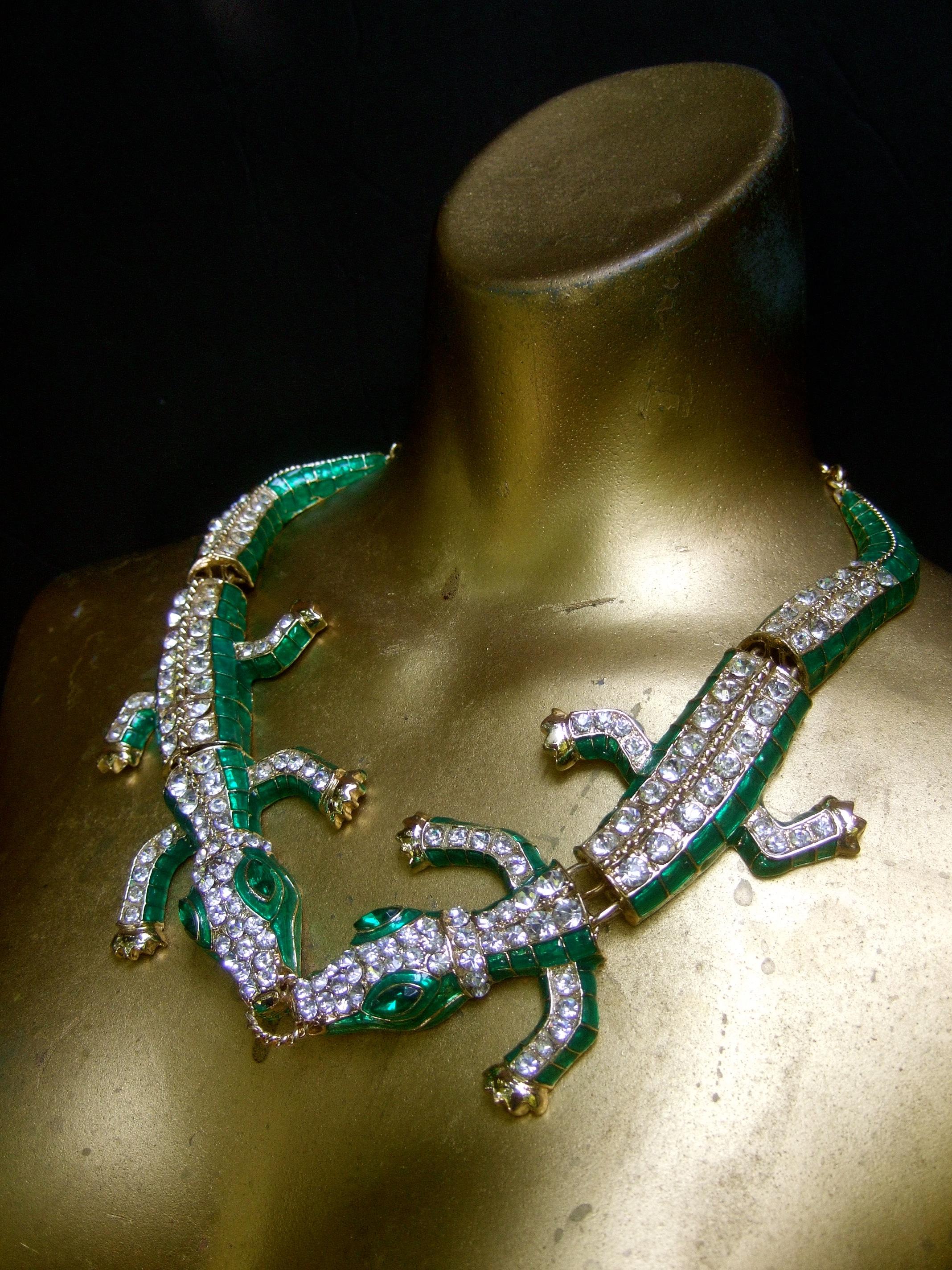 Crystal Enamel Articulated Gilt Metal Alligator Necklace circa 21st C 1