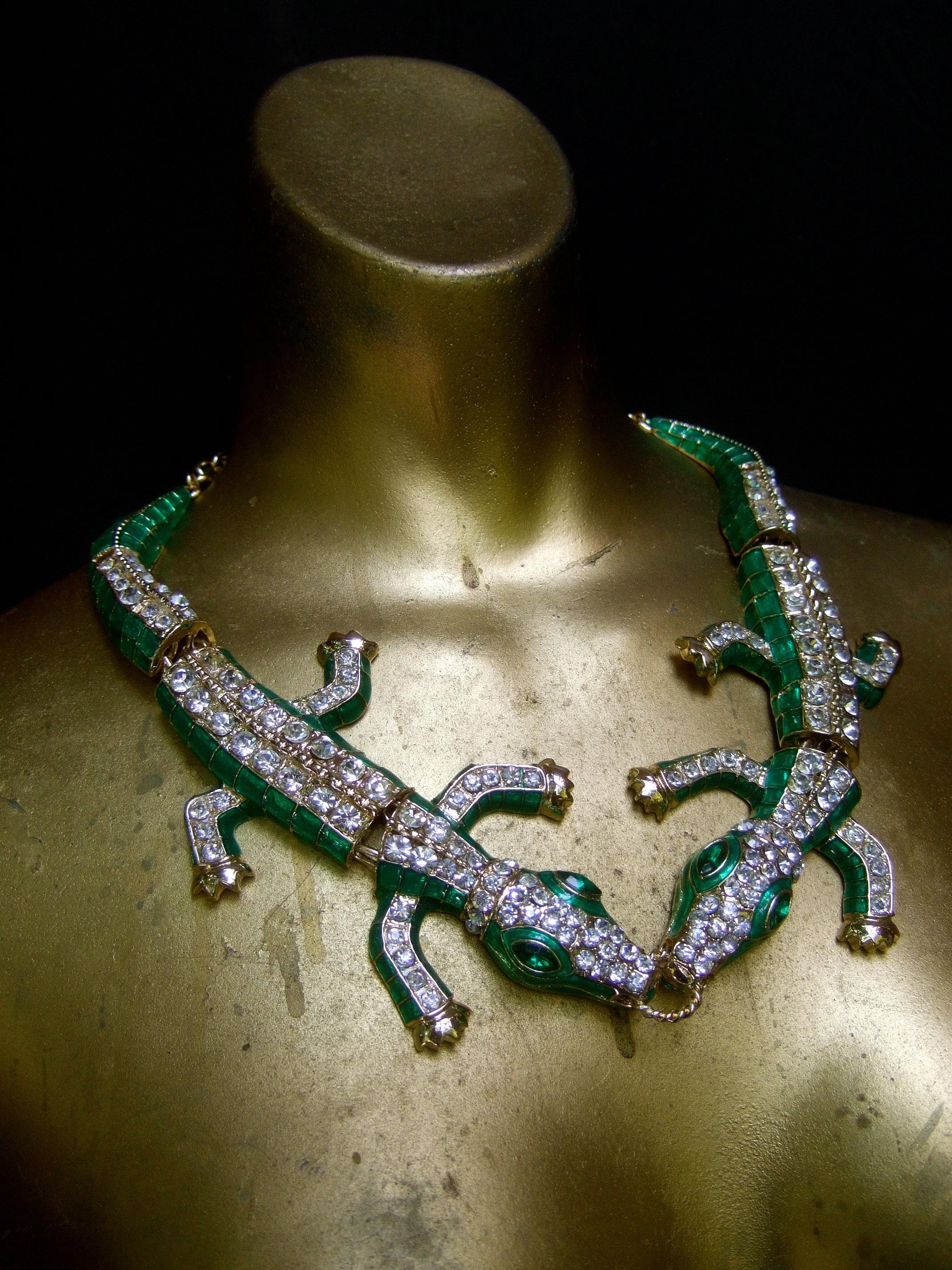 Crystal Enamel Articulated Gilt Metal Alligator Necklace circa 21st C 7