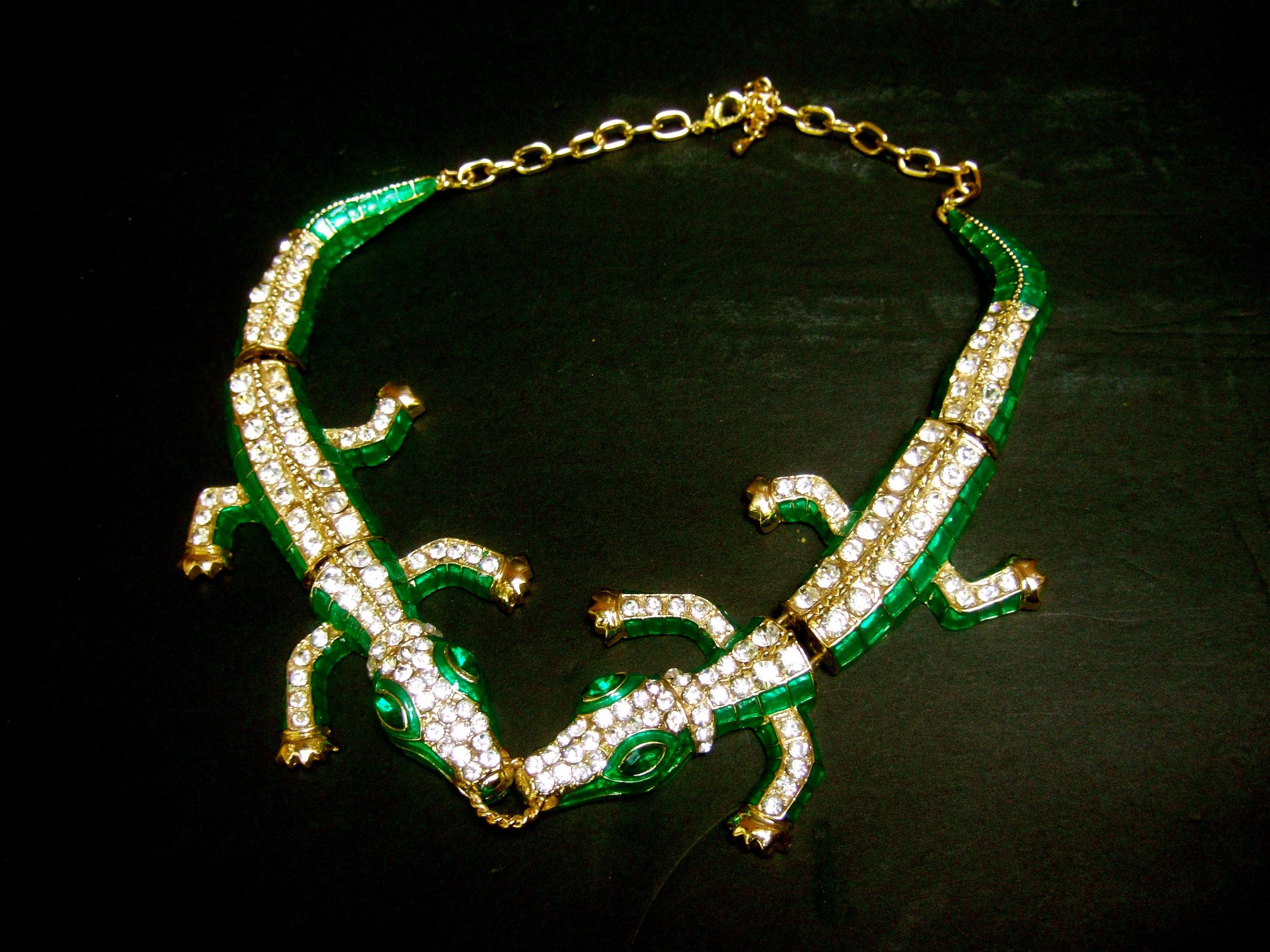 Crystal Enamel Articulated Gilt Metal Alligator Necklace circa 21st C 8