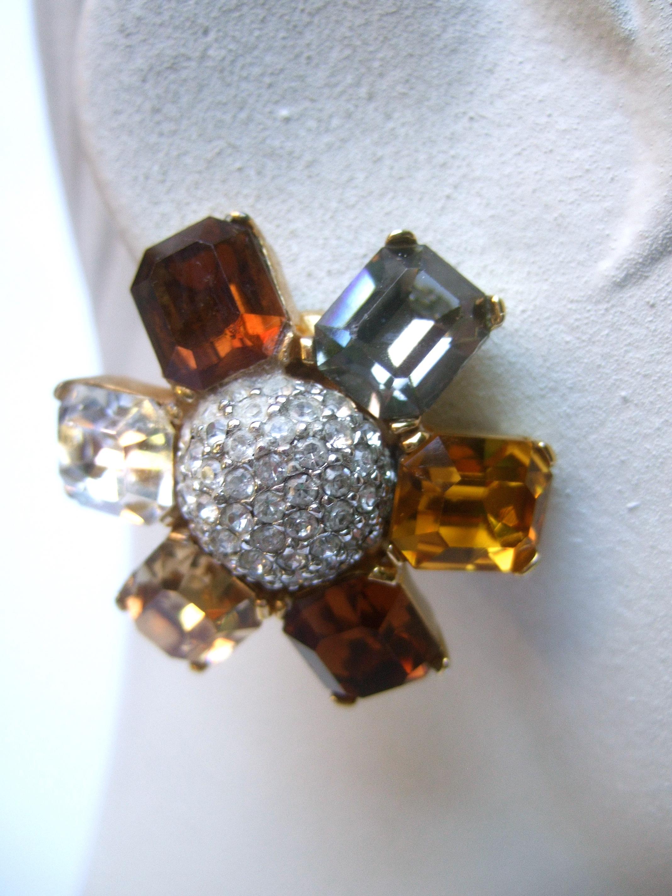 Ciner Autumn Crystal Large Scale Clip on Floral Earrings Circa 1980  In Excellent Condition For Sale In University City, MO