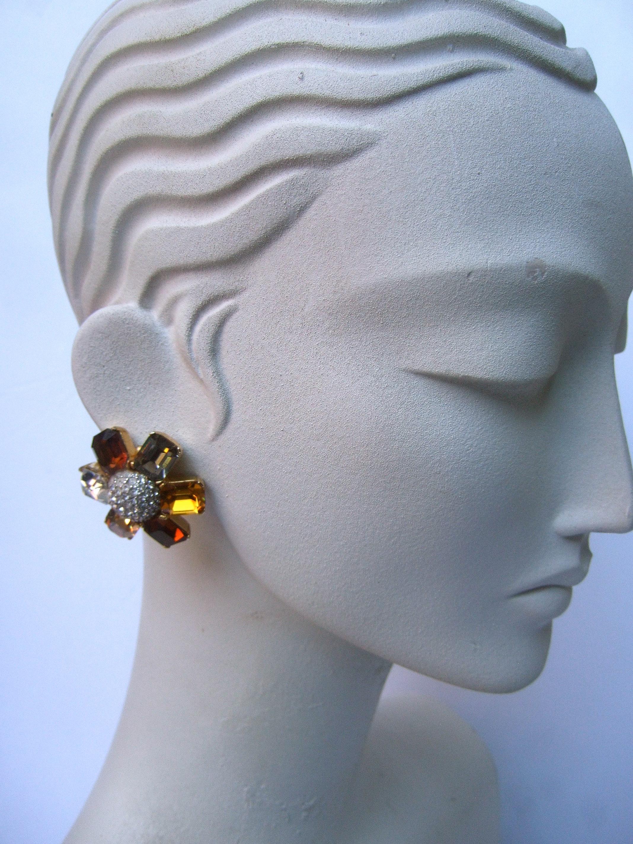 Women's Ciner Autumn Crystal Large Scale Clip on Floral Earrings Circa 1980  For Sale