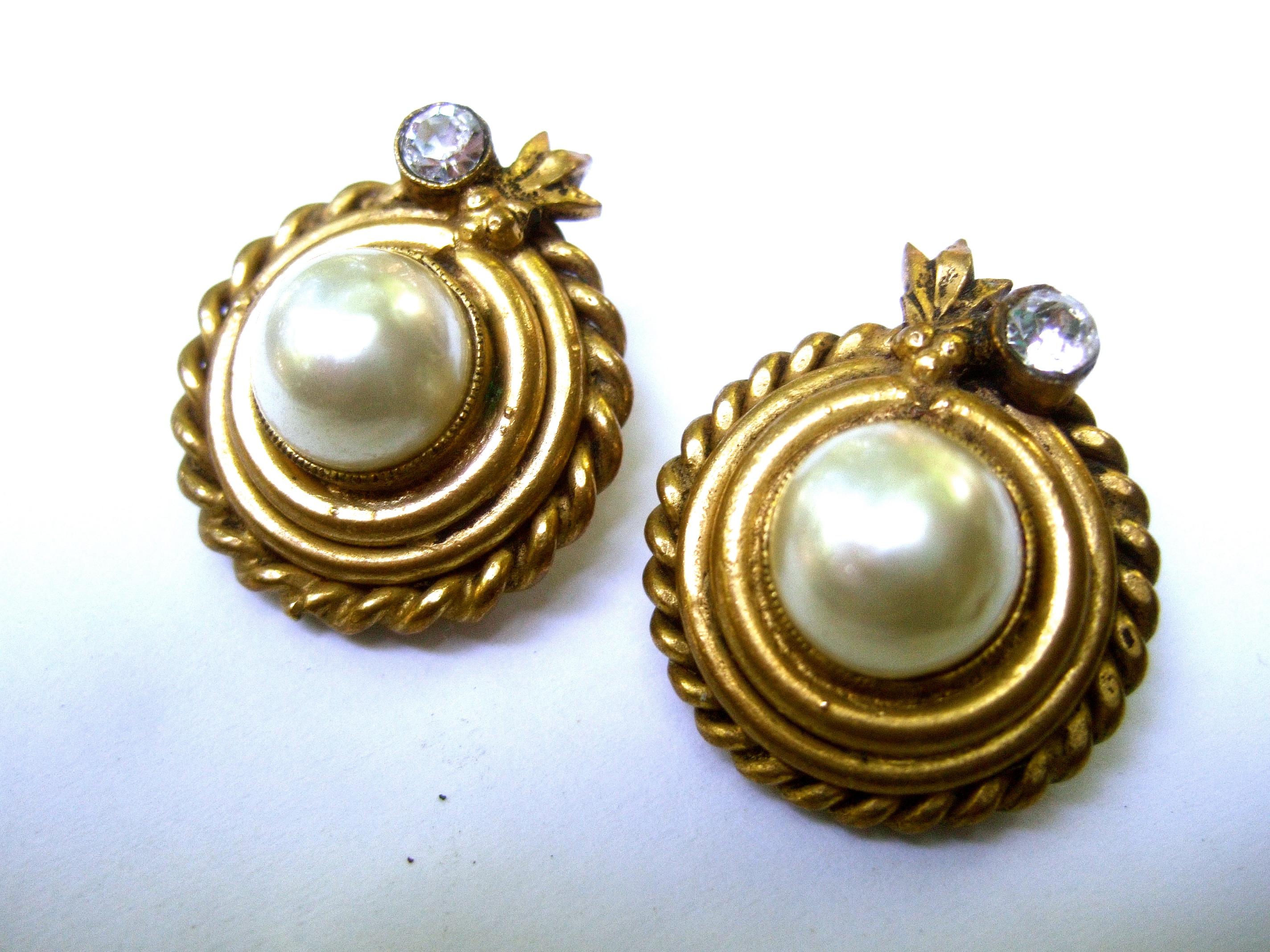 Contemporary Chanel Glass Enamel Pearl Gilt Metal Clip On Earrings, circa 1980s