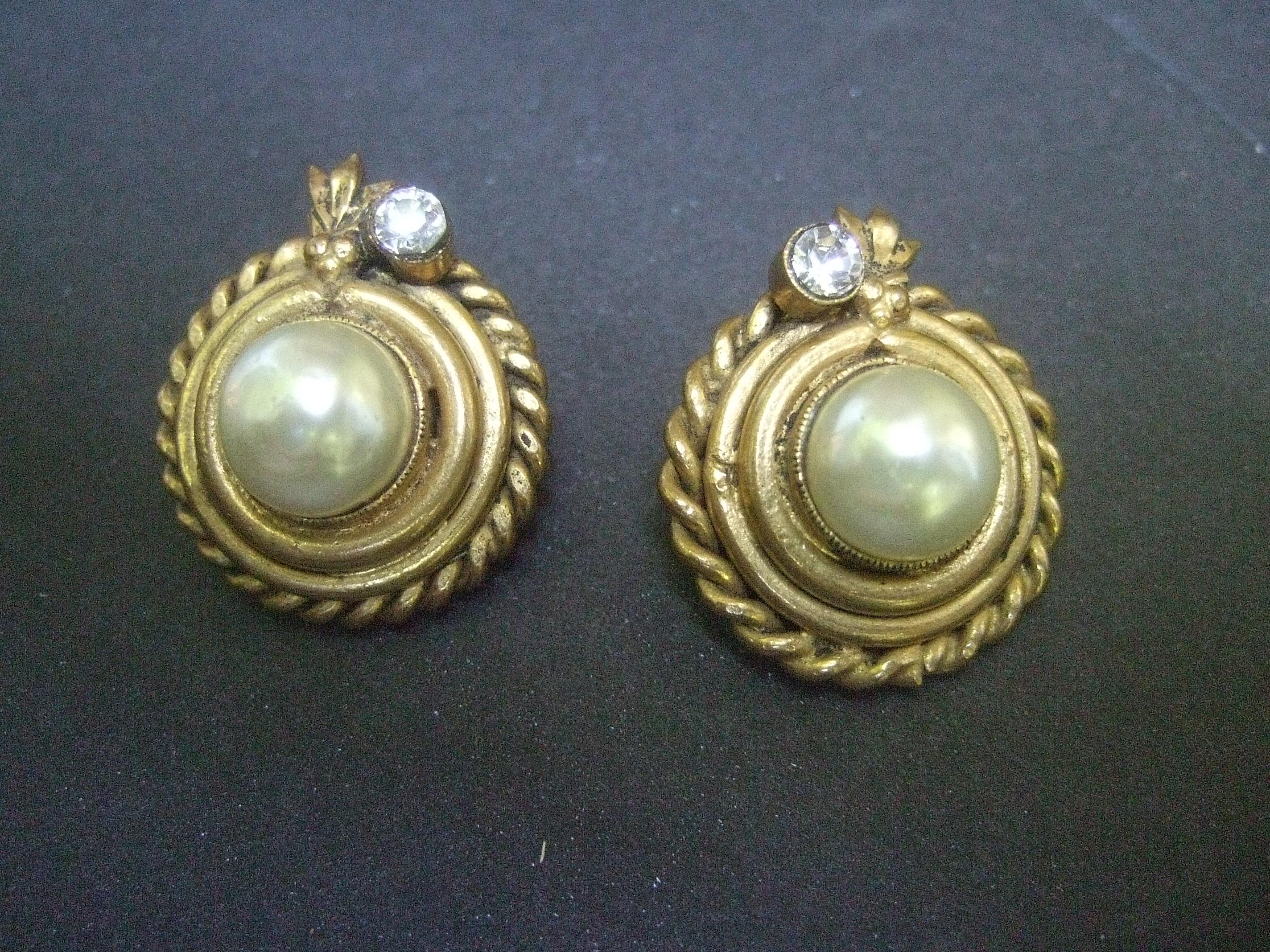 Chanel Glass Enamel Pearl Gilt Metal Clip On Earrings, circa 1980s 3