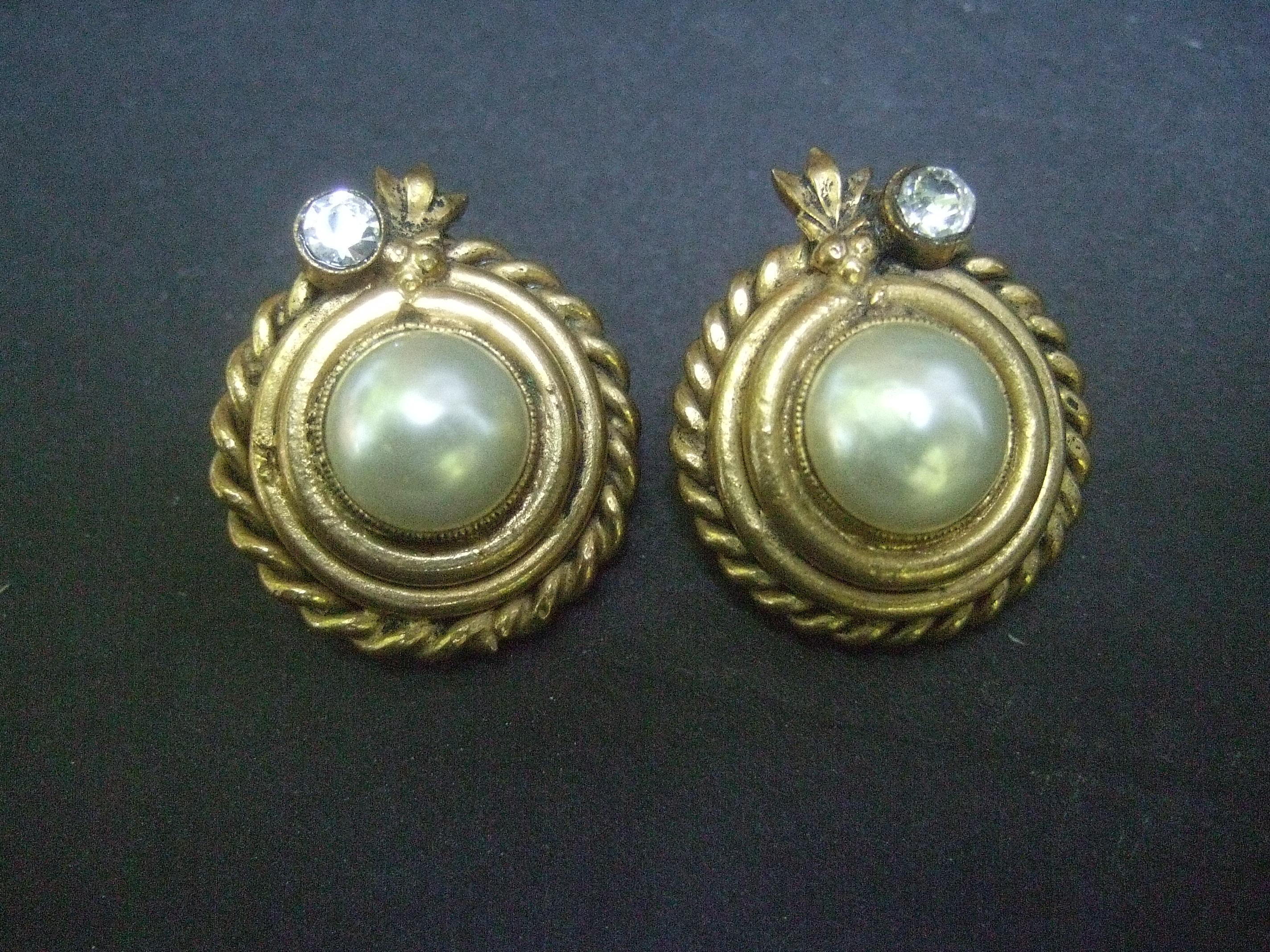 Chanel Glass Enamel Pearl Gilt Metal Clip On Earrings, circa 1980s 1