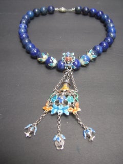 Chinese Sterling Lapis Figural Enamel Necklace Circa 1930s