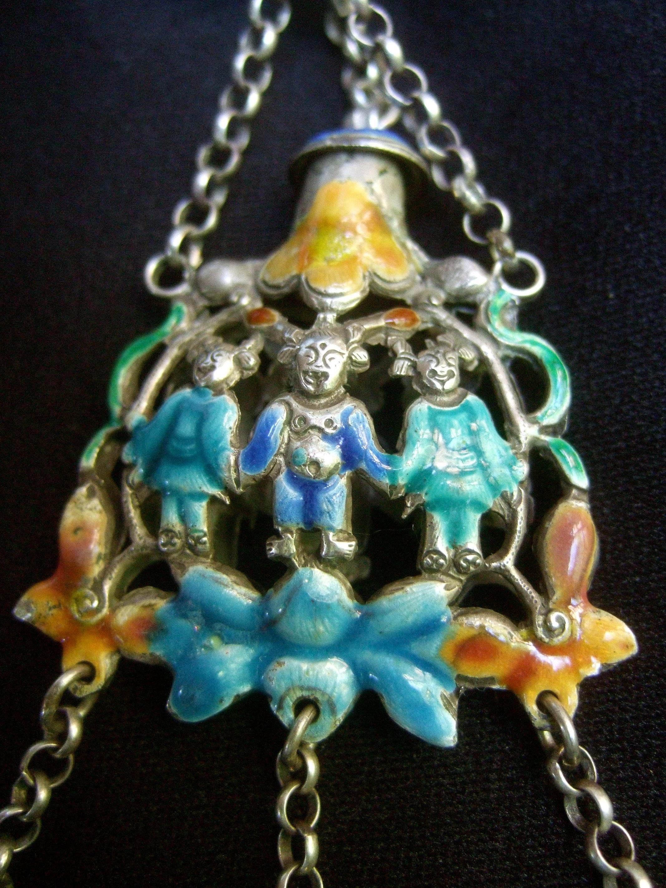 Artisan Chinese Sterling Lapis Figural Enamel Necklace Circa 1930s For Sale