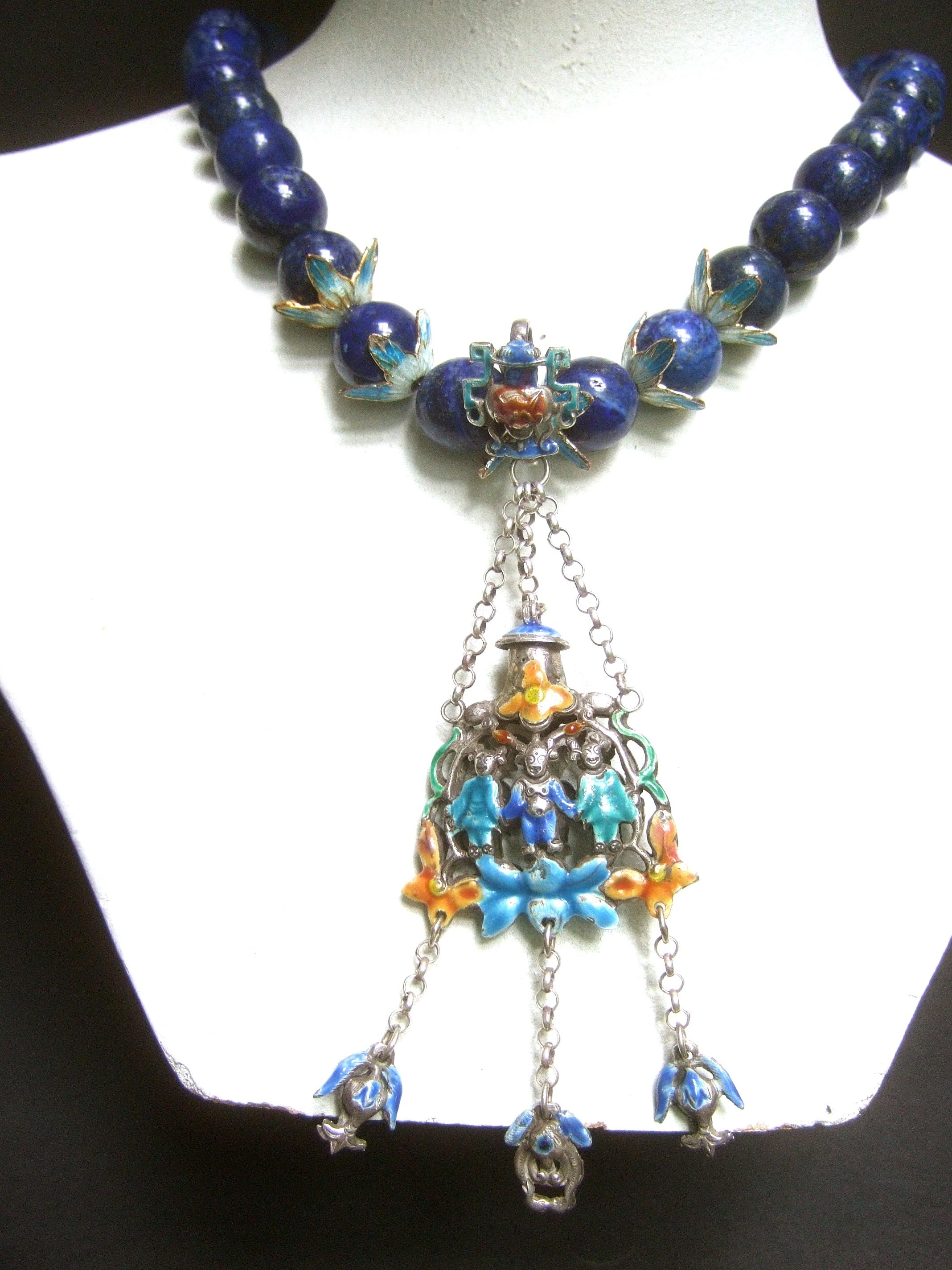 Chinese Sterling Lapis Figural Enamel Necklace Circa 1930s For Sale 6
