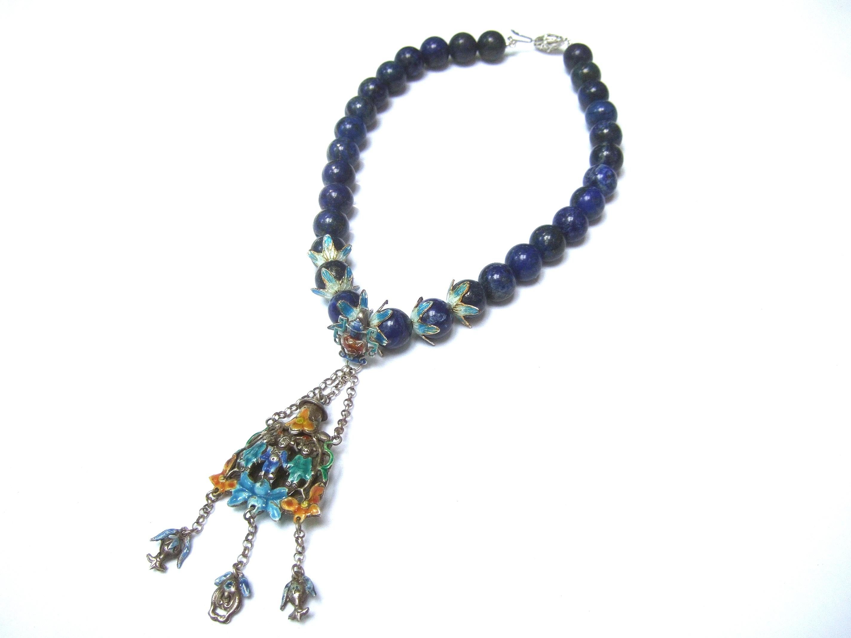 Chinese Sterling Lapis Figural Enamel Necklace Circa 1930s For Sale 7