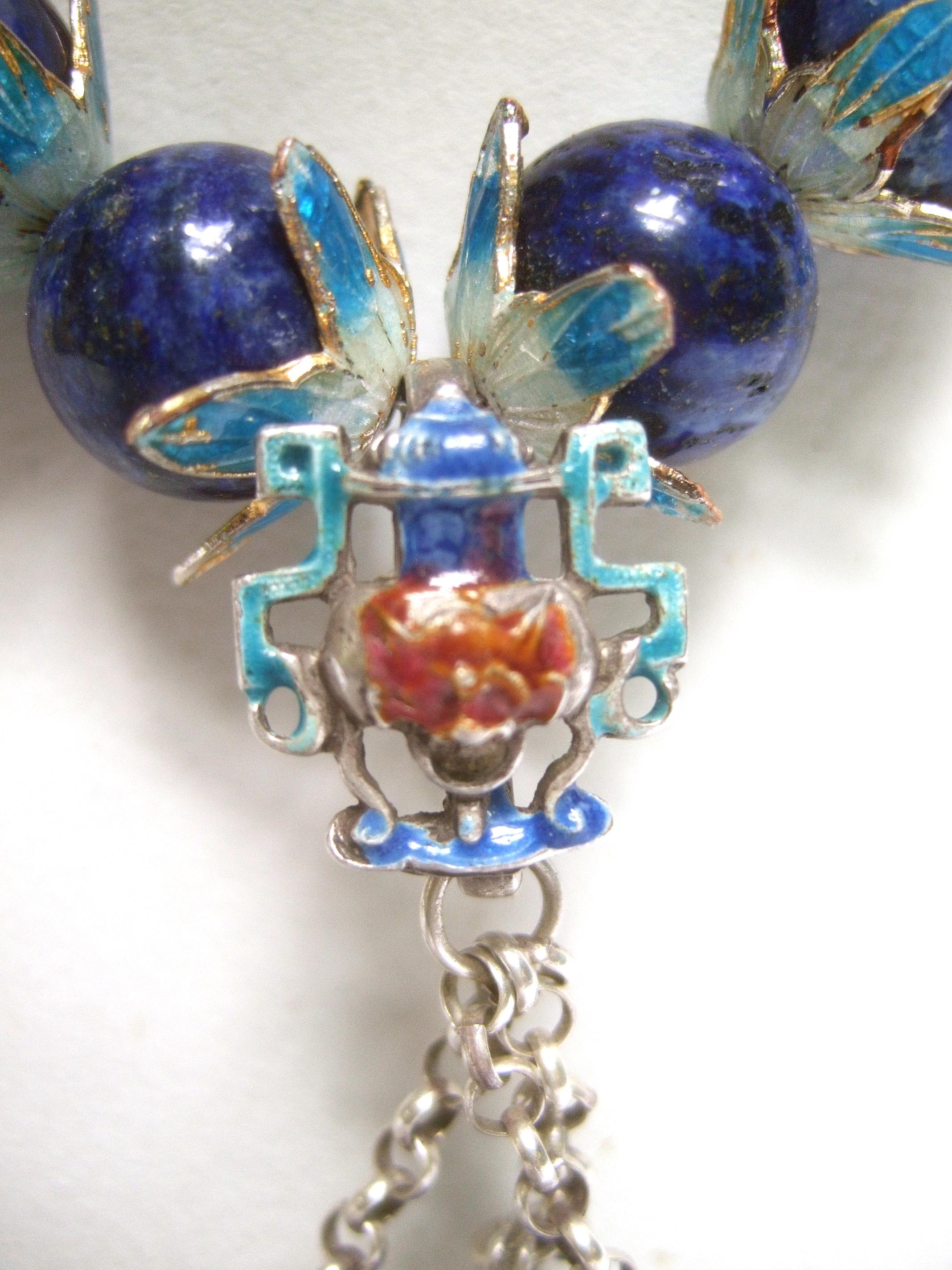 Chinese Sterling Lapis Figural Enamel Necklace Circa 1930s For Sale 12