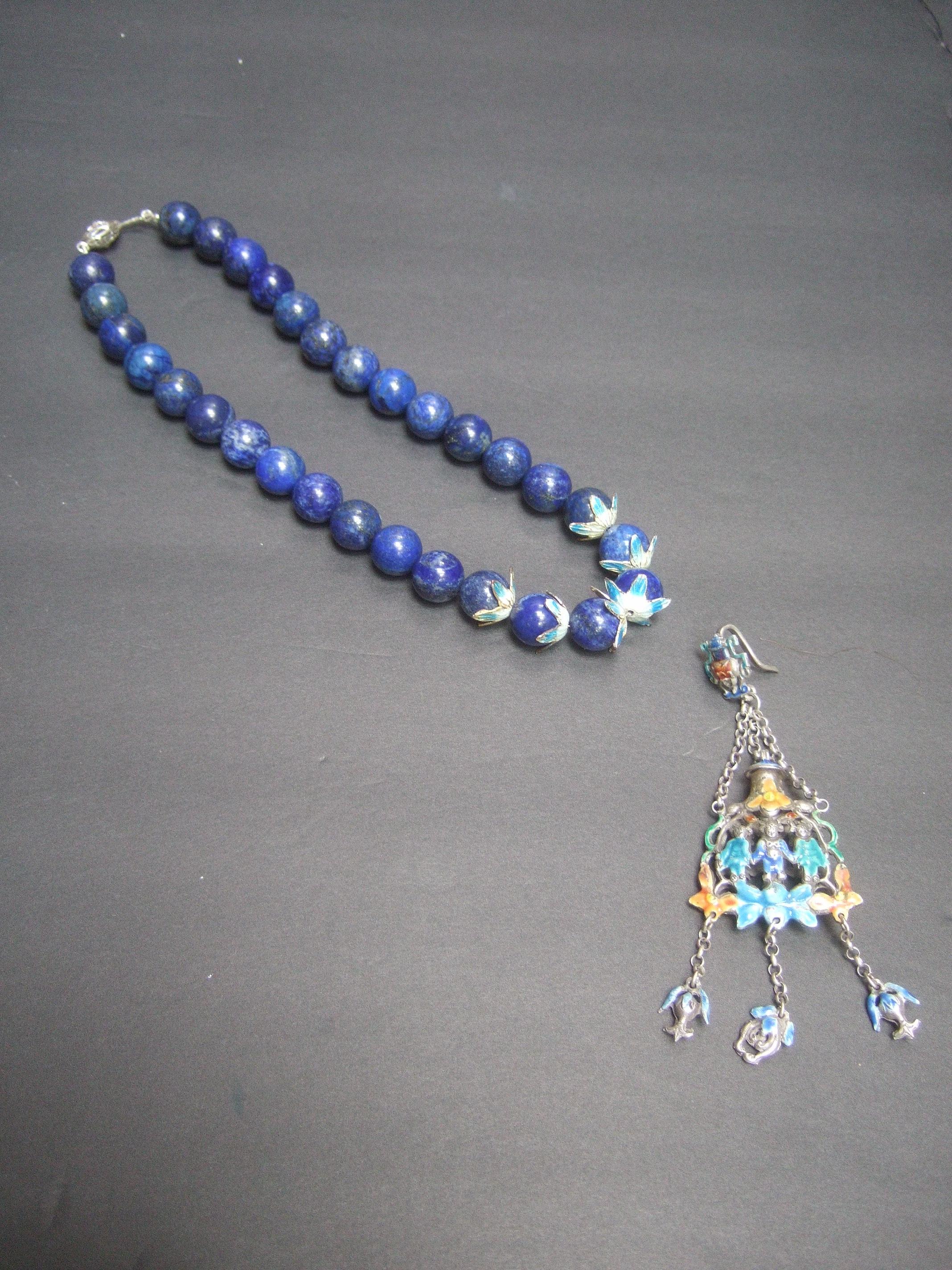 Chinese Sterling Lapis Figural Enamel Necklace Circa 1930s For Sale 8